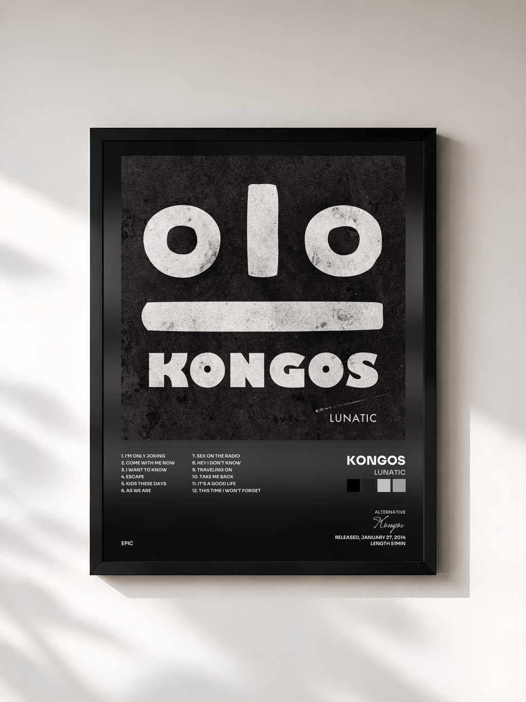 #noir Tableau de l'album Lunatic de Kongos, cadre noir, imprimé et encadré en France