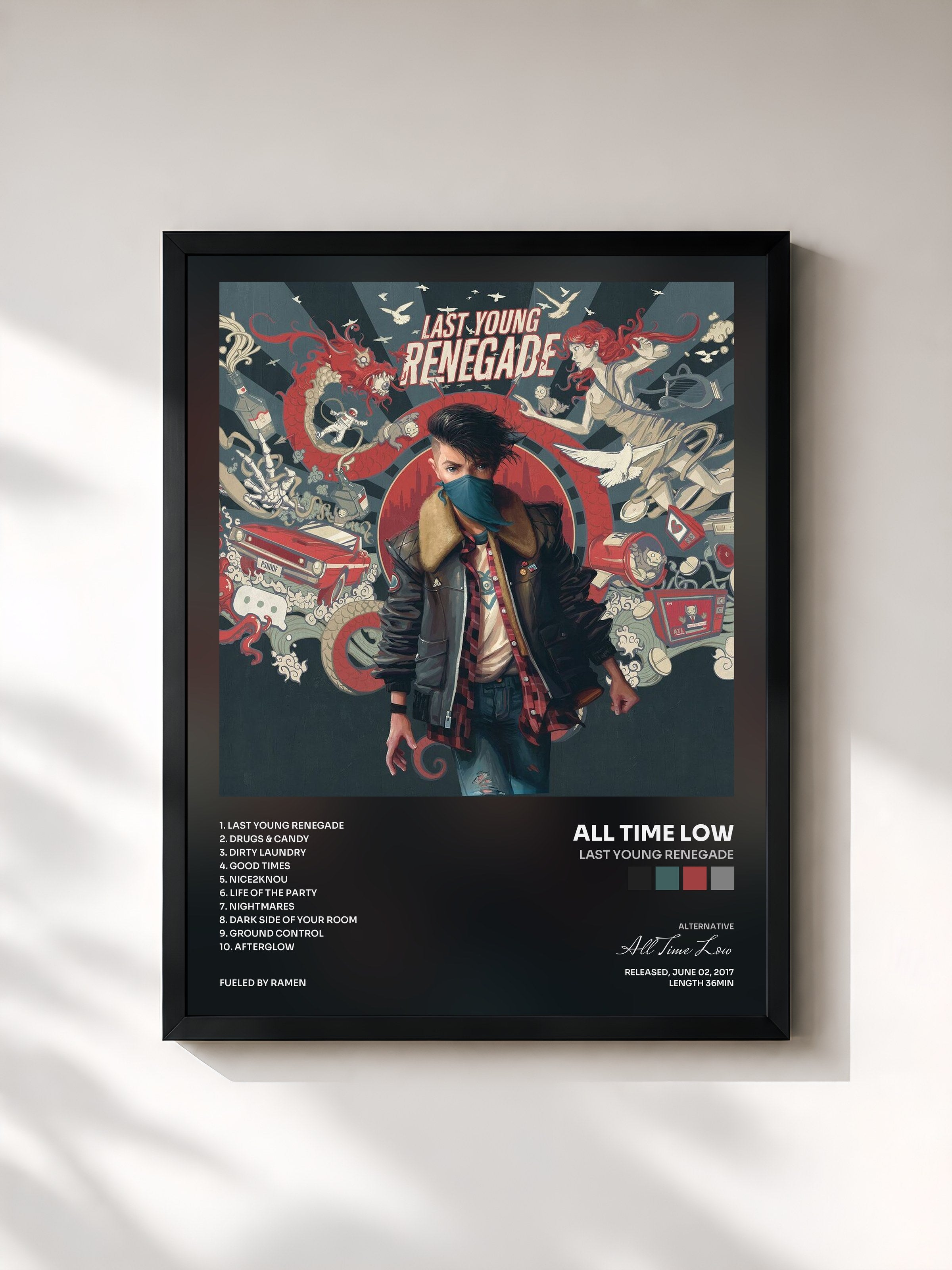 #noir Tableau de l'album Last Young Renegade de All Time Low, cadre noir, imprimé et encadré en France