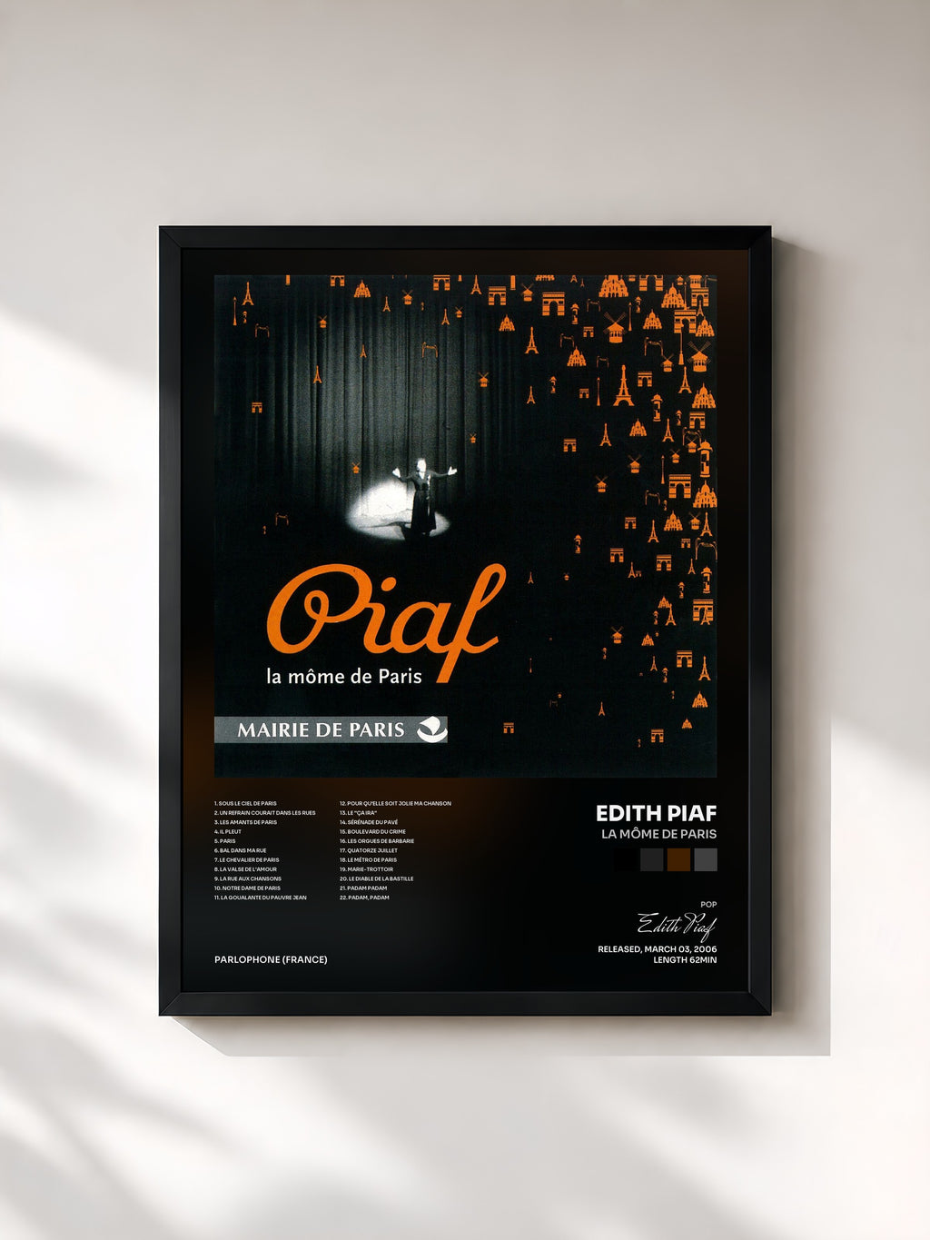 #noir Tableau de l'album La Môme De Paris de Edith Piaf, cadre noir, imprimé et encadré en France