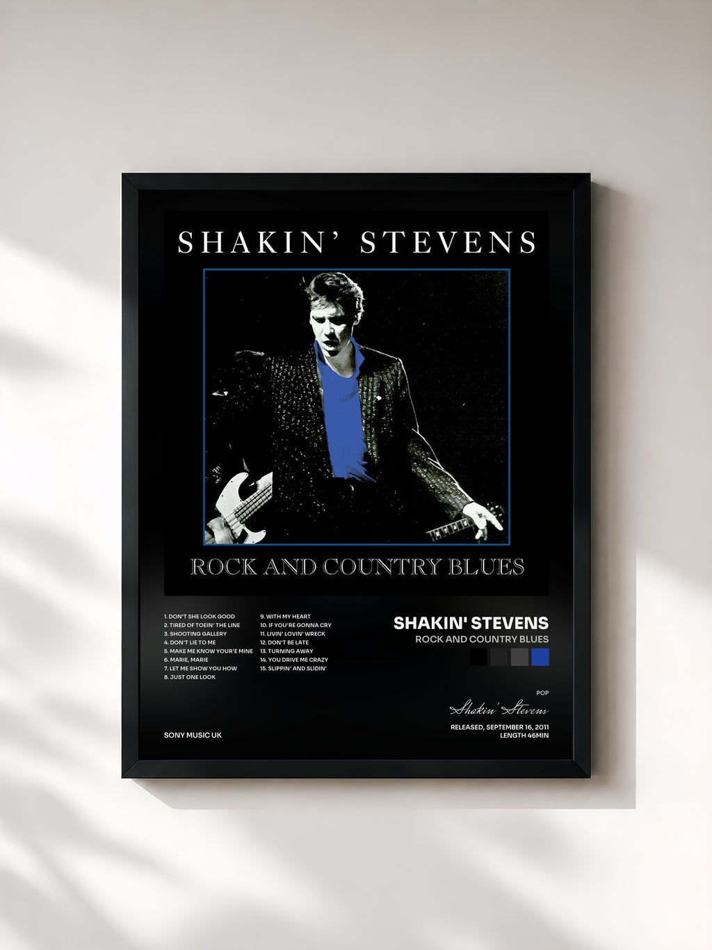#noir Tableau de l'album Rock and Country Blues de Shakin' Stevens, cadre noir, imprimé et encadré en France