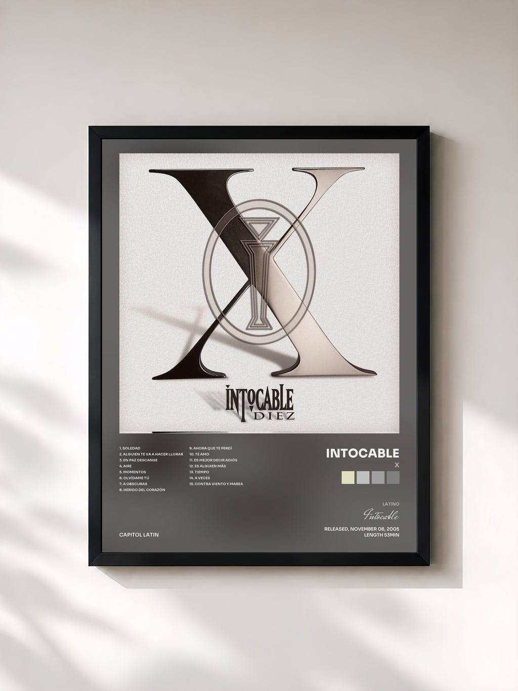 #noir Tableau de l'album X de Intocable, cadre noir, imprimé et encadré en France