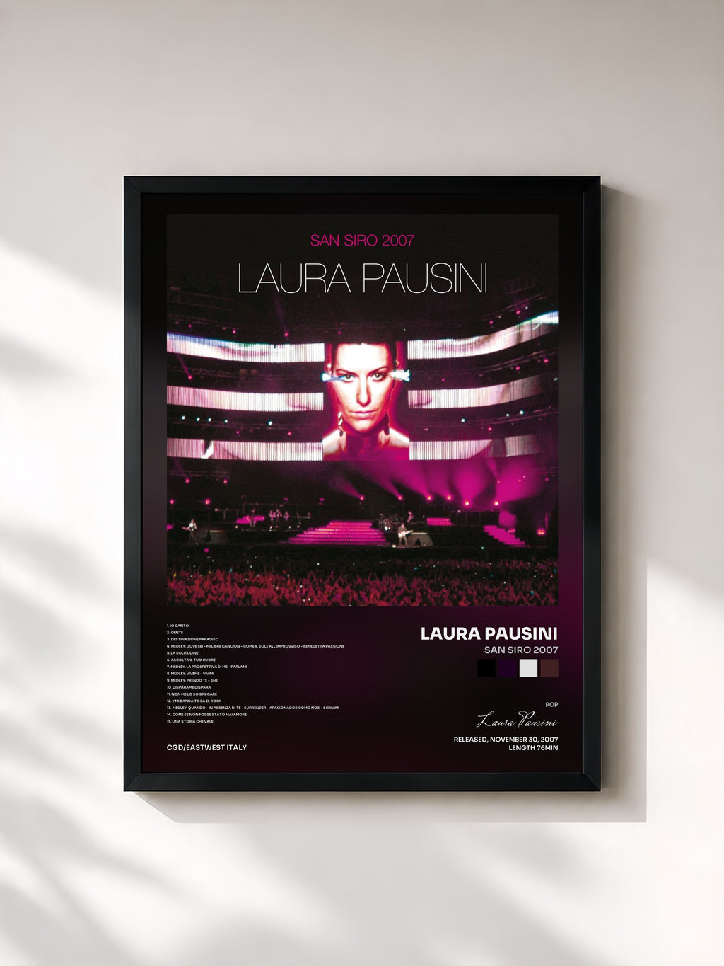 #noir Tableau de l'album San Siro 2007 de Laura Pausini, cadre noir, imprimé et encadré en France
