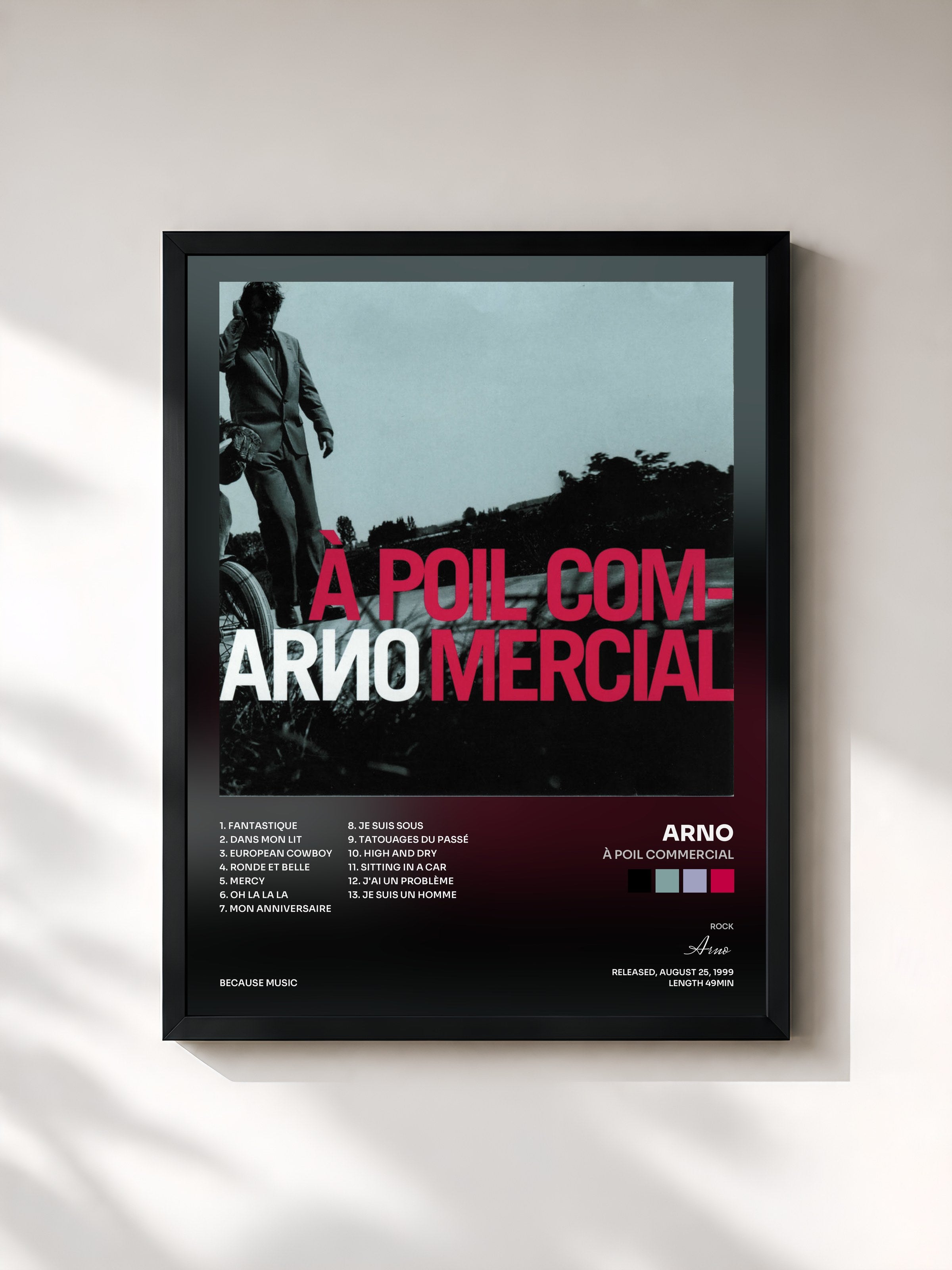 #noir Tableau de l'album À poil commercial de Arno, cadre noir, imprimé et encadré en France