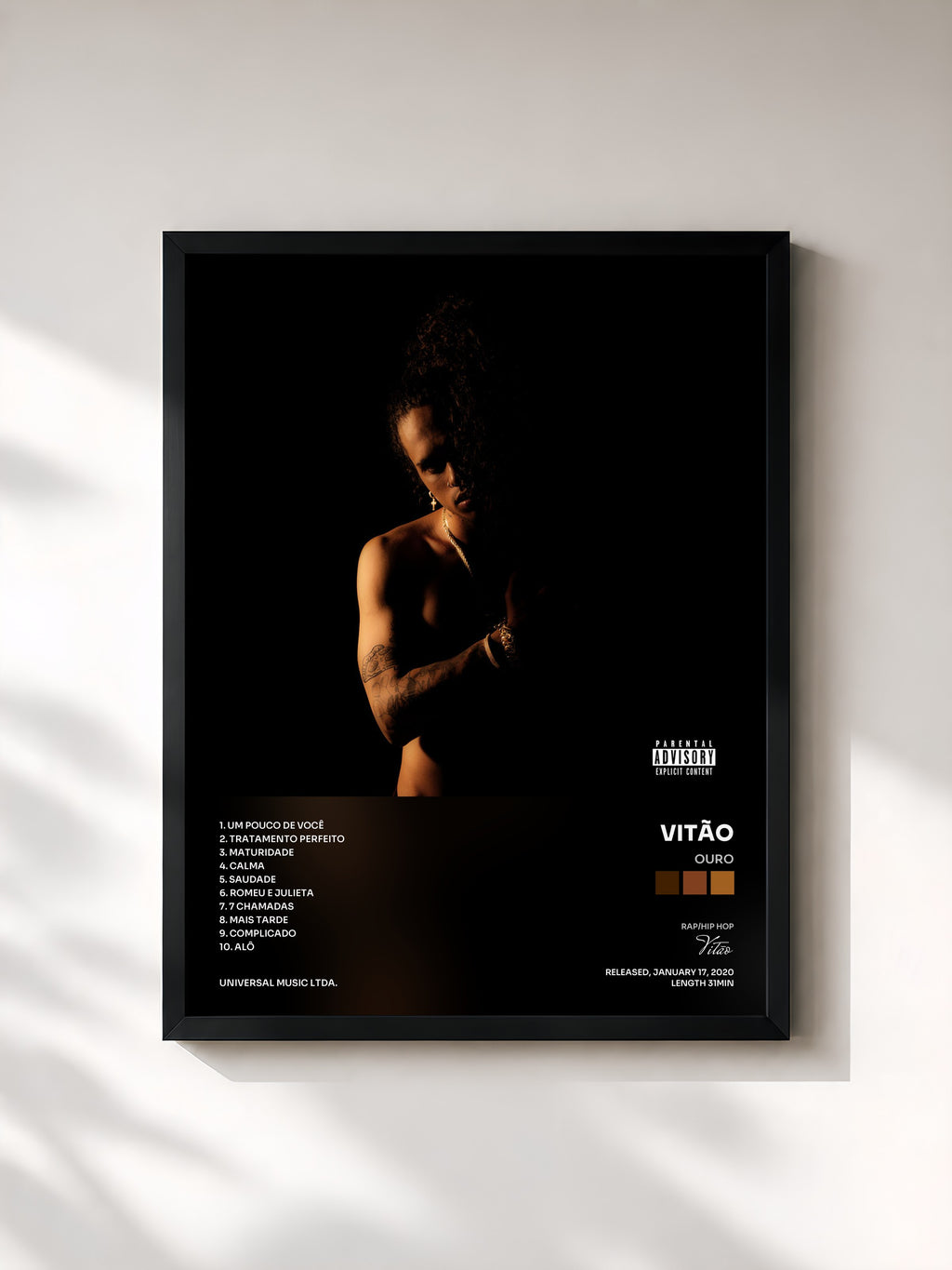 #noir Tableau de l'album Ouro de Vitão, cadre noir, imprimé et encadré en France