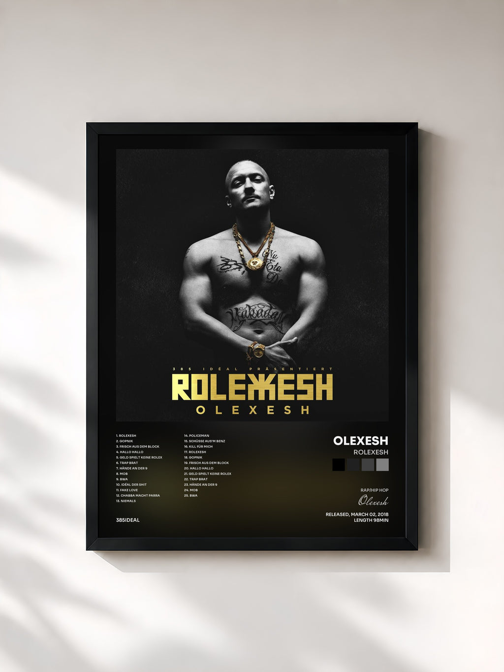 #noir Tableau de l'album ROLEXESH de Olexesh, cadre noir, imprimé et encadré en France
