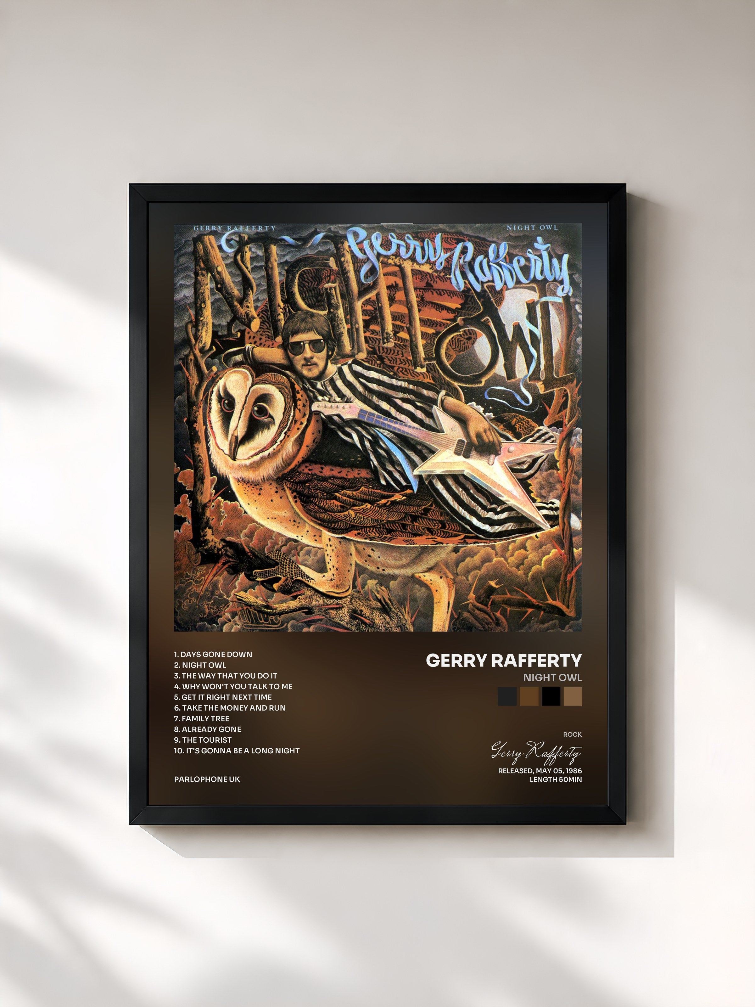 #noir Tableau de l'album Night Owl de Gerry Rafferty, cadre noir, imprimé et encadré en France