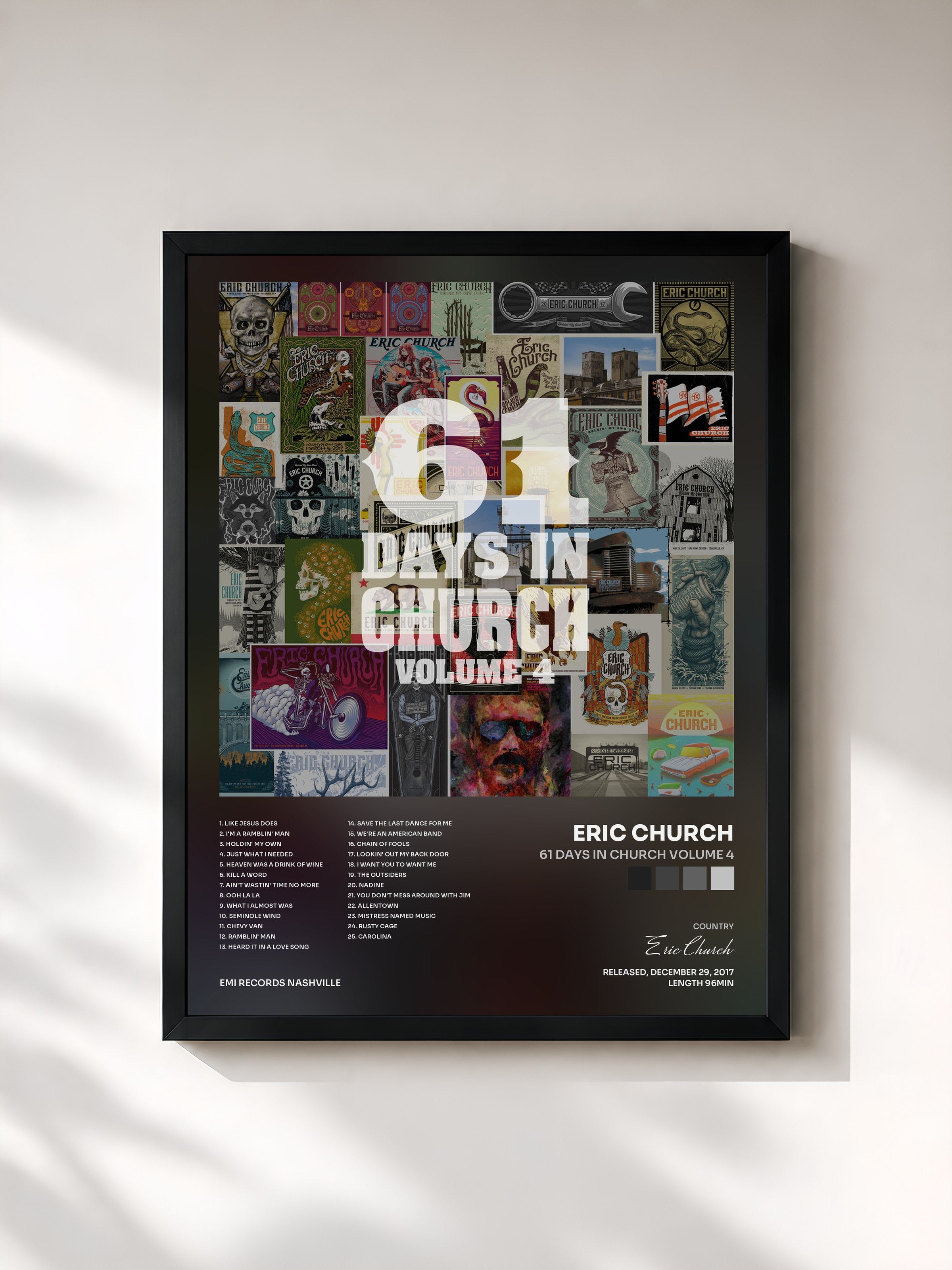 #noir Tableau de l'album 61 Days In Church Volume 4 de Eric Church, cadre noir, imprimé et encadré en France