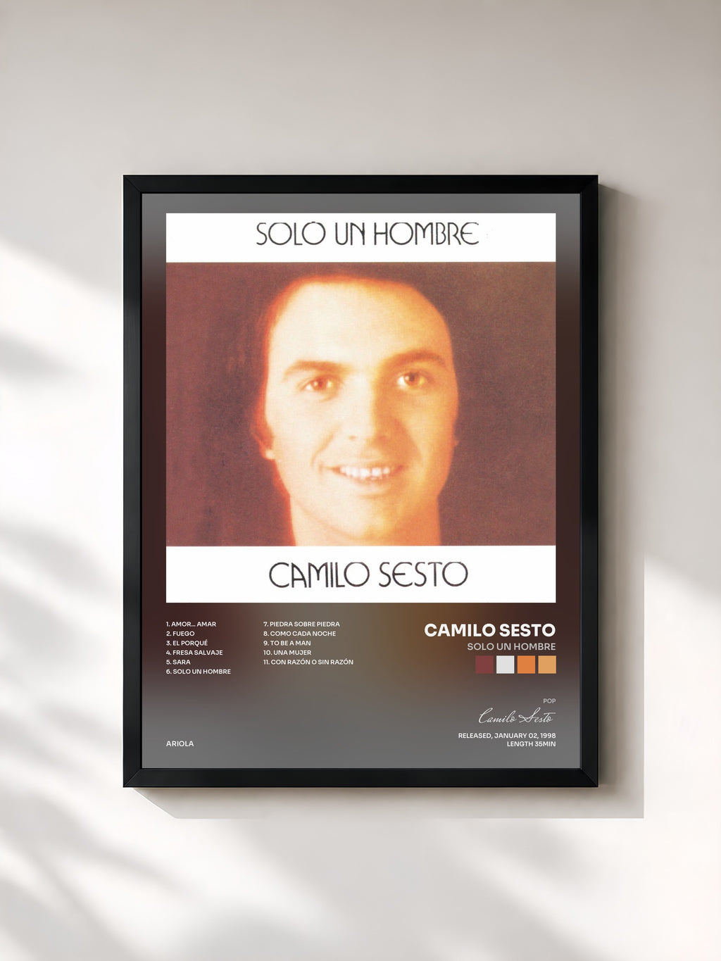#noir Tableau de l'album Solo un Hombre de Camilo Sesto, cadre noir, imprimé et encadré en France