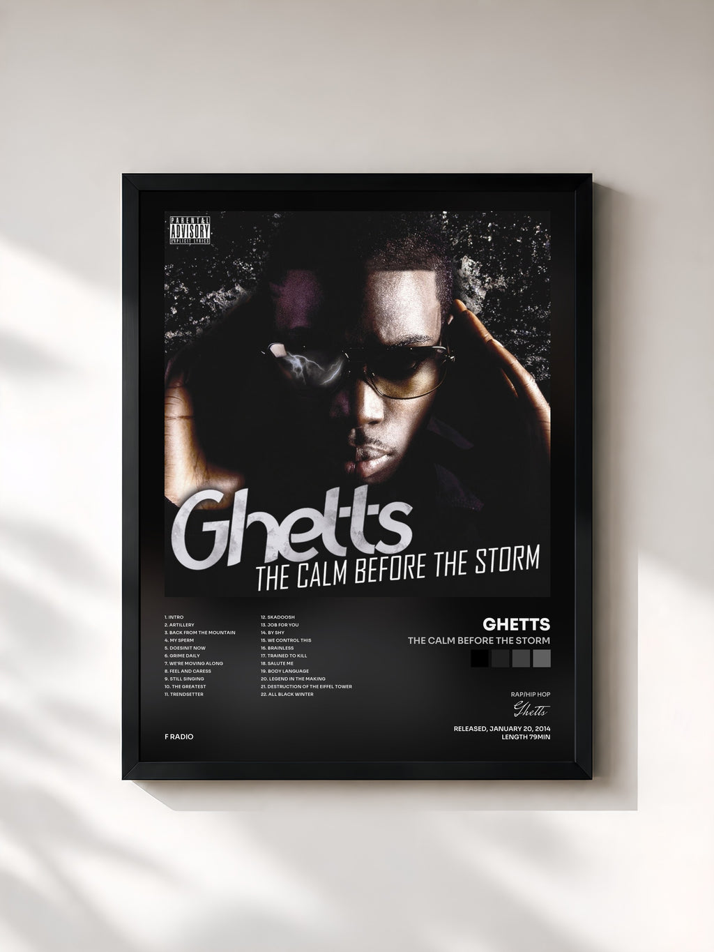 #noir Tableau de l'album The Calm Before the Storm de Ghetts, cadre noir, imprimé et encadré en France