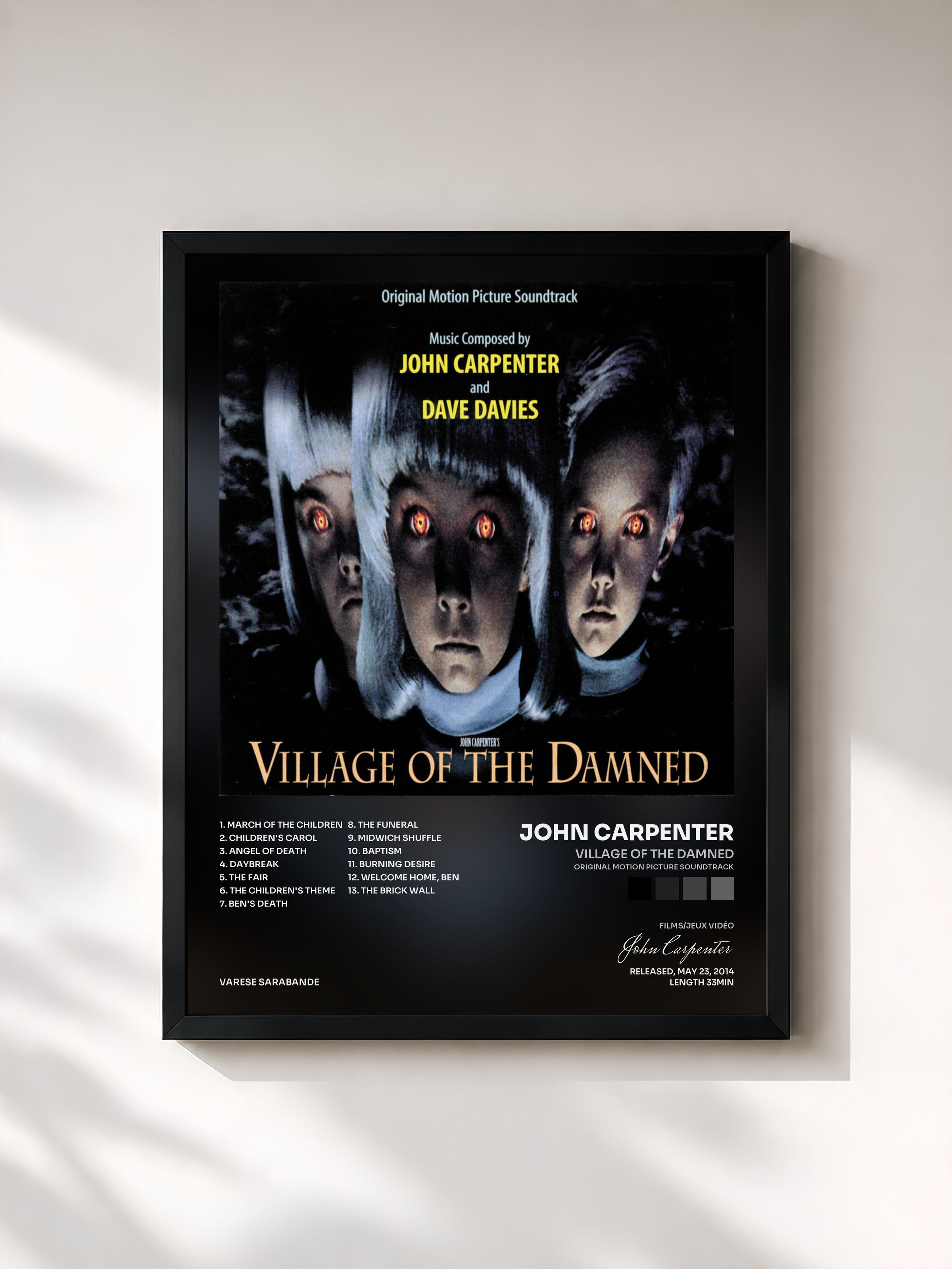 #noir Tableau de l'album Village Of The Damned (Original Motion Picture Soundtrack) de John Carpenter, cadre noir, imprimé et encadré en France