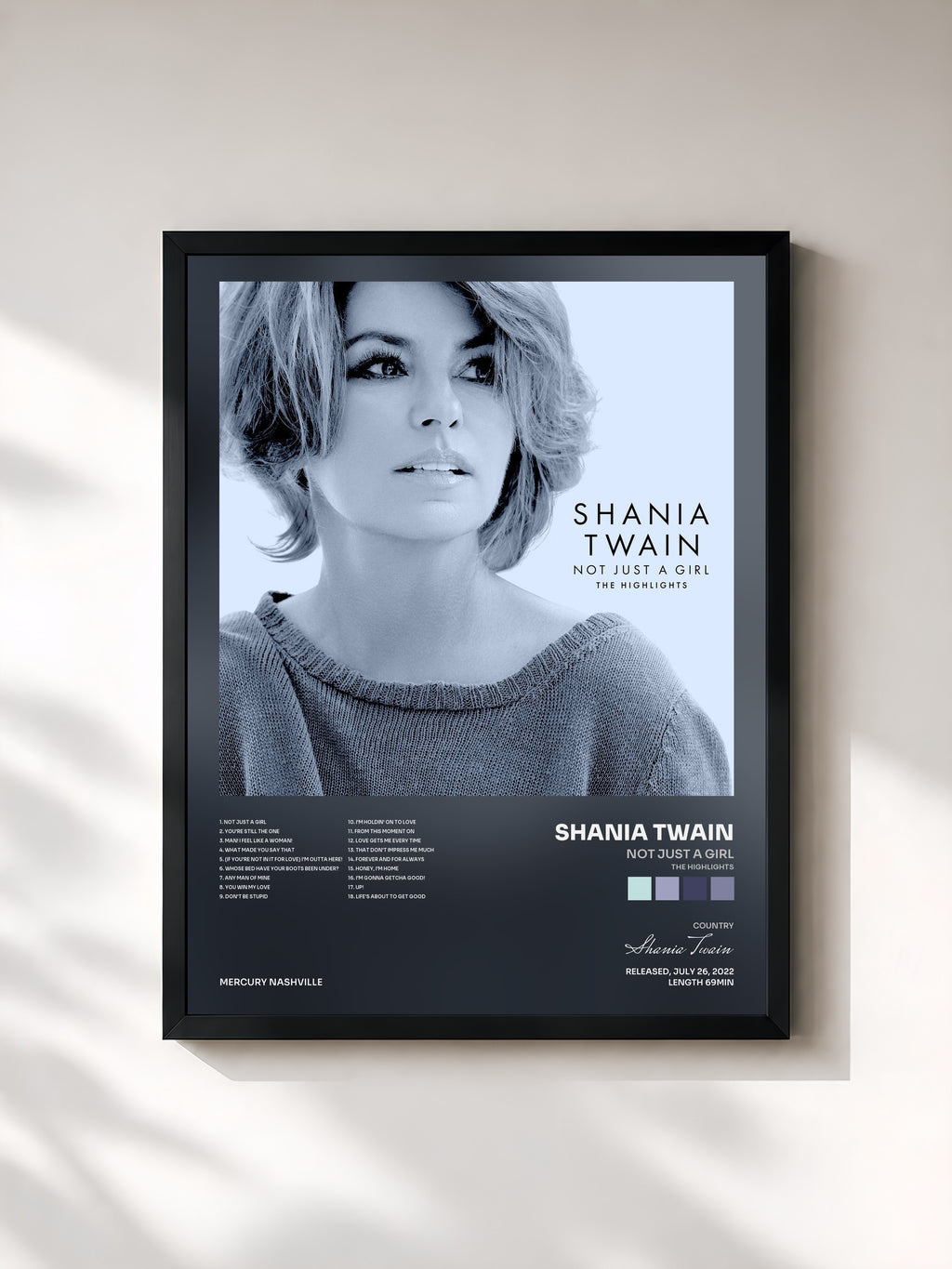 #noir Tableau de l'album Not Just A Girl (The Highlights) de Shania Twain, cadre noir, imprimé et encadré en France