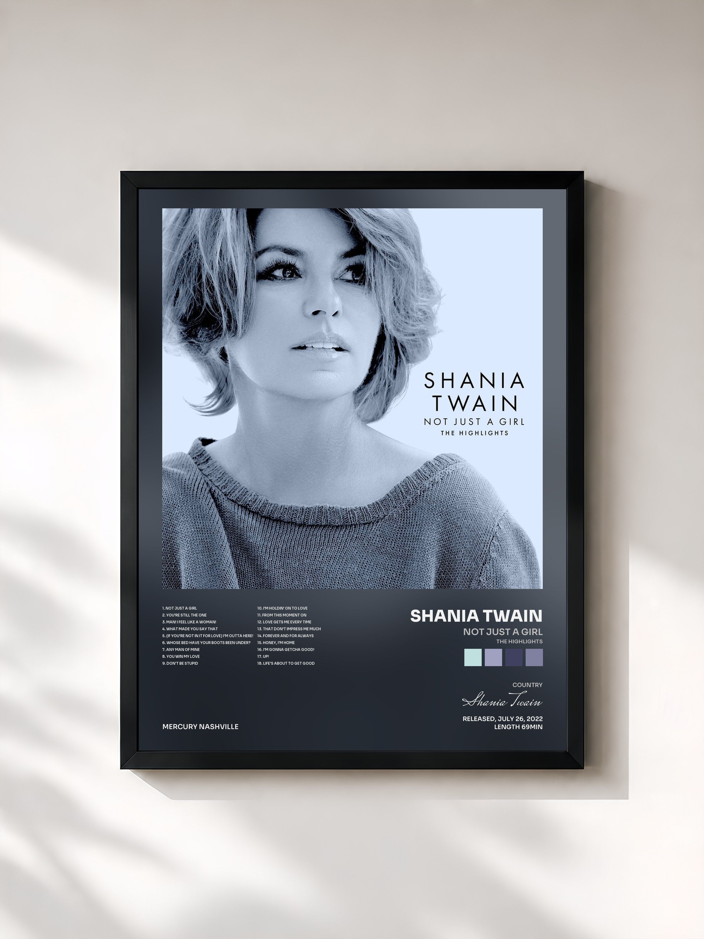 #noir Tableau de l'album Not Just A Girl (The Highlights) de Shania Twain, cadre noir, imprimé et encadré en France