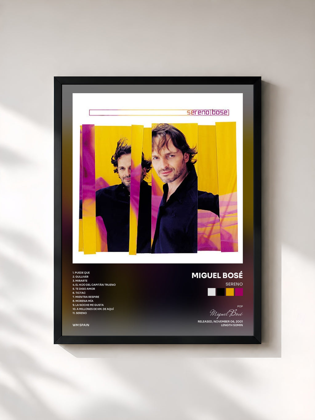 #noir Tableau de l'album Sereno de Miguel Bosé, cadre noir, imprimé et encadré en France