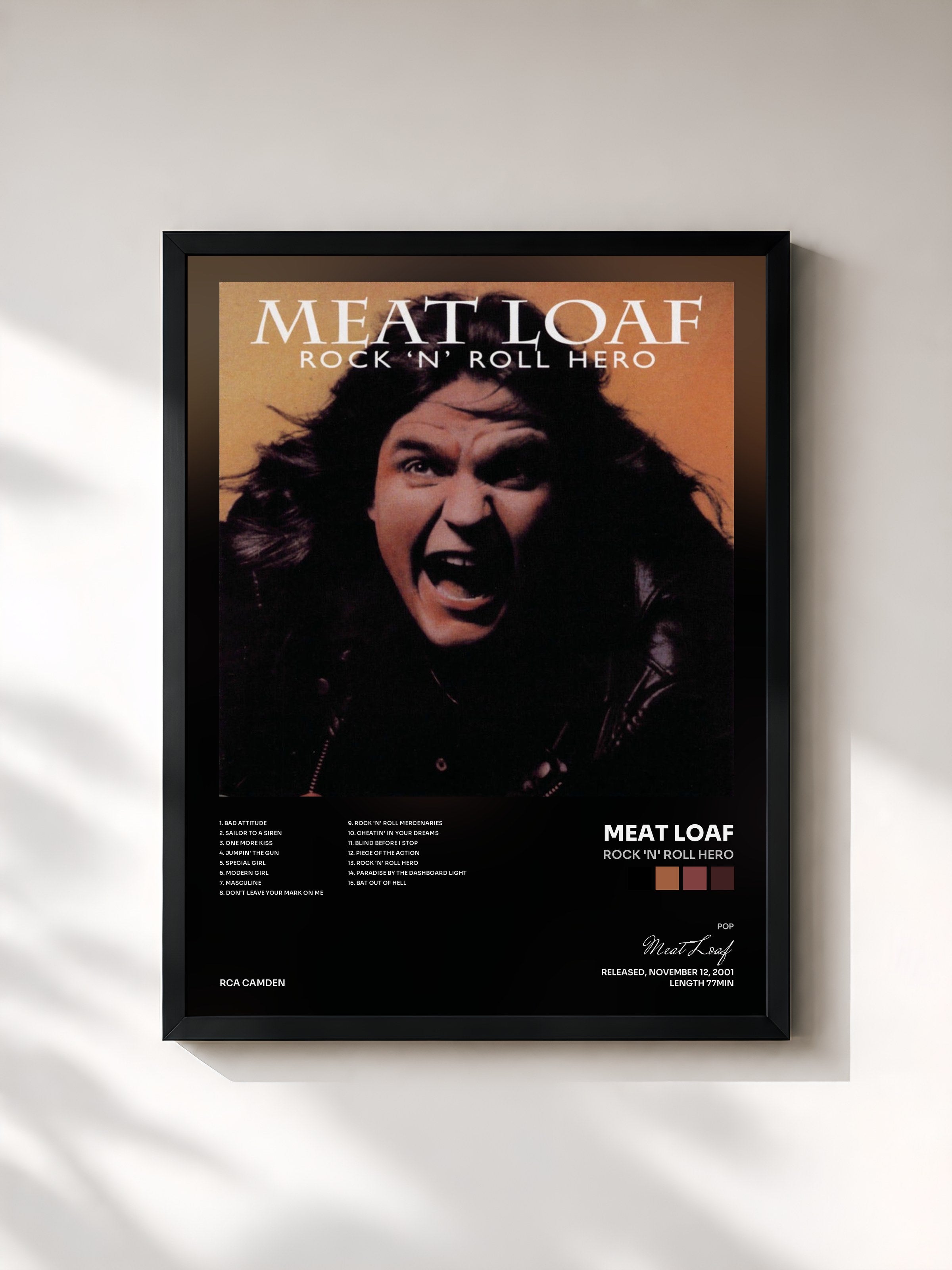 #noir Tableau de l'album Rock 'N' Roll Hero de Meat Loaf, cadre noir, imprimé et encadré en France