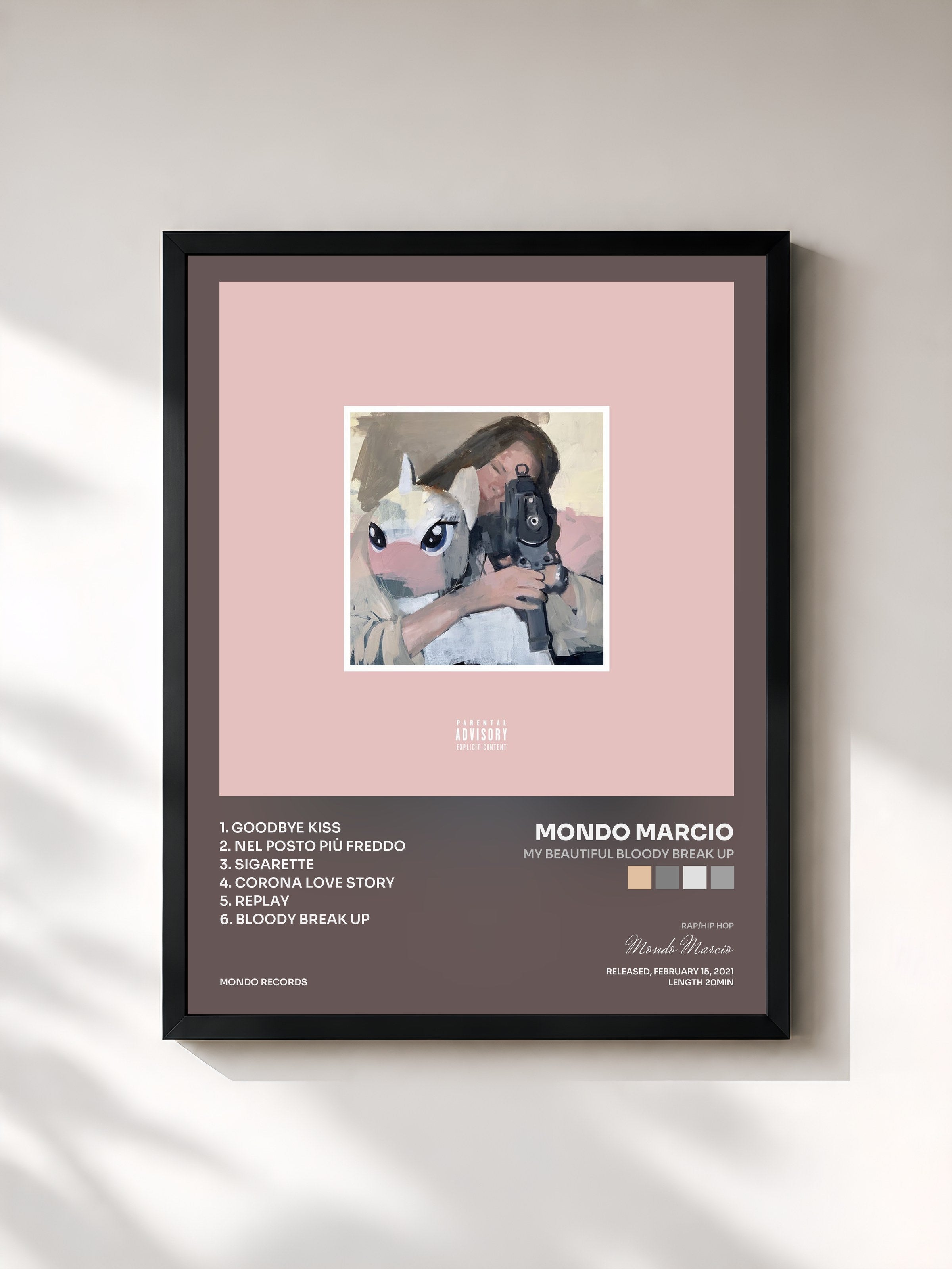 #noir Tableau de l'album My Beautiful Bloody Break Up de Mondo Marcio, cadre noir, imprimé et encadré en France