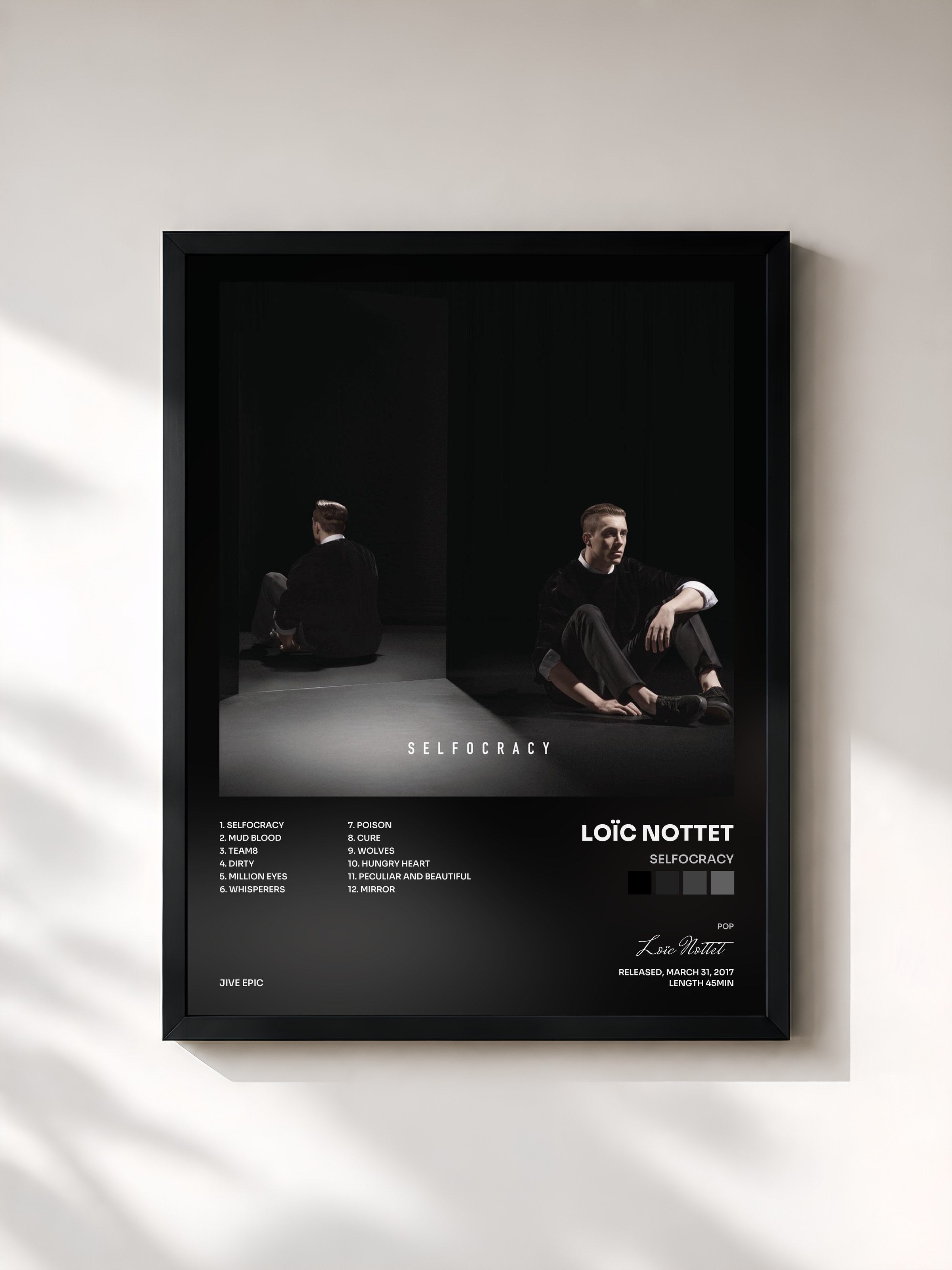 #noir Tableau de l'album Selfocracy de Loïc Nottet, cadre noir, imprimé et encadré en France