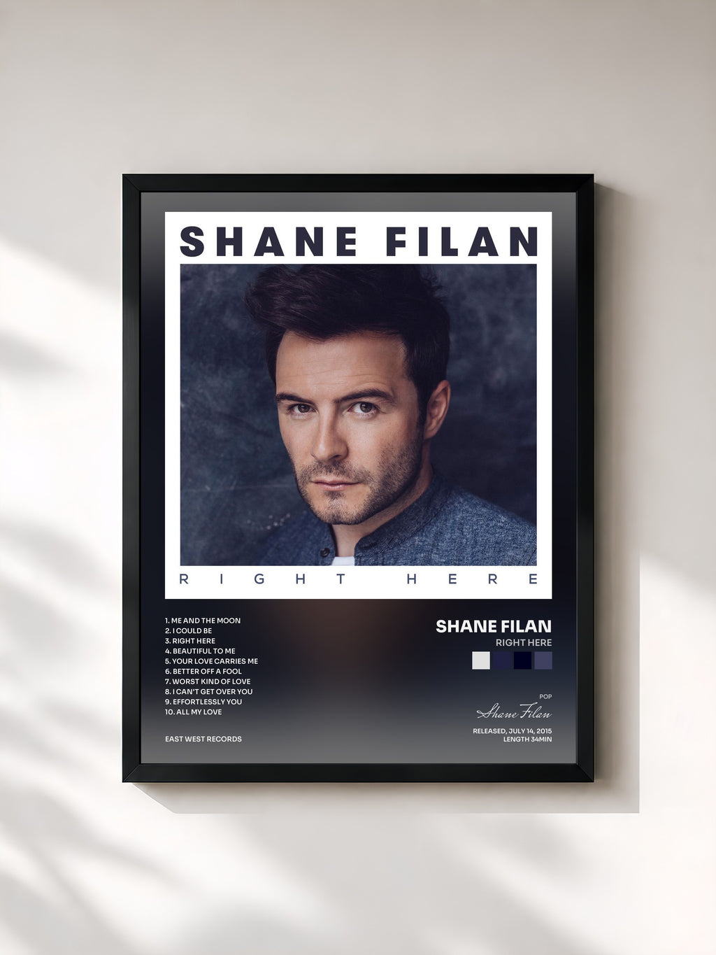 #noir Tableau de l'album Right Here de Shane Filan, cadre noir, imprimé et encadré en France