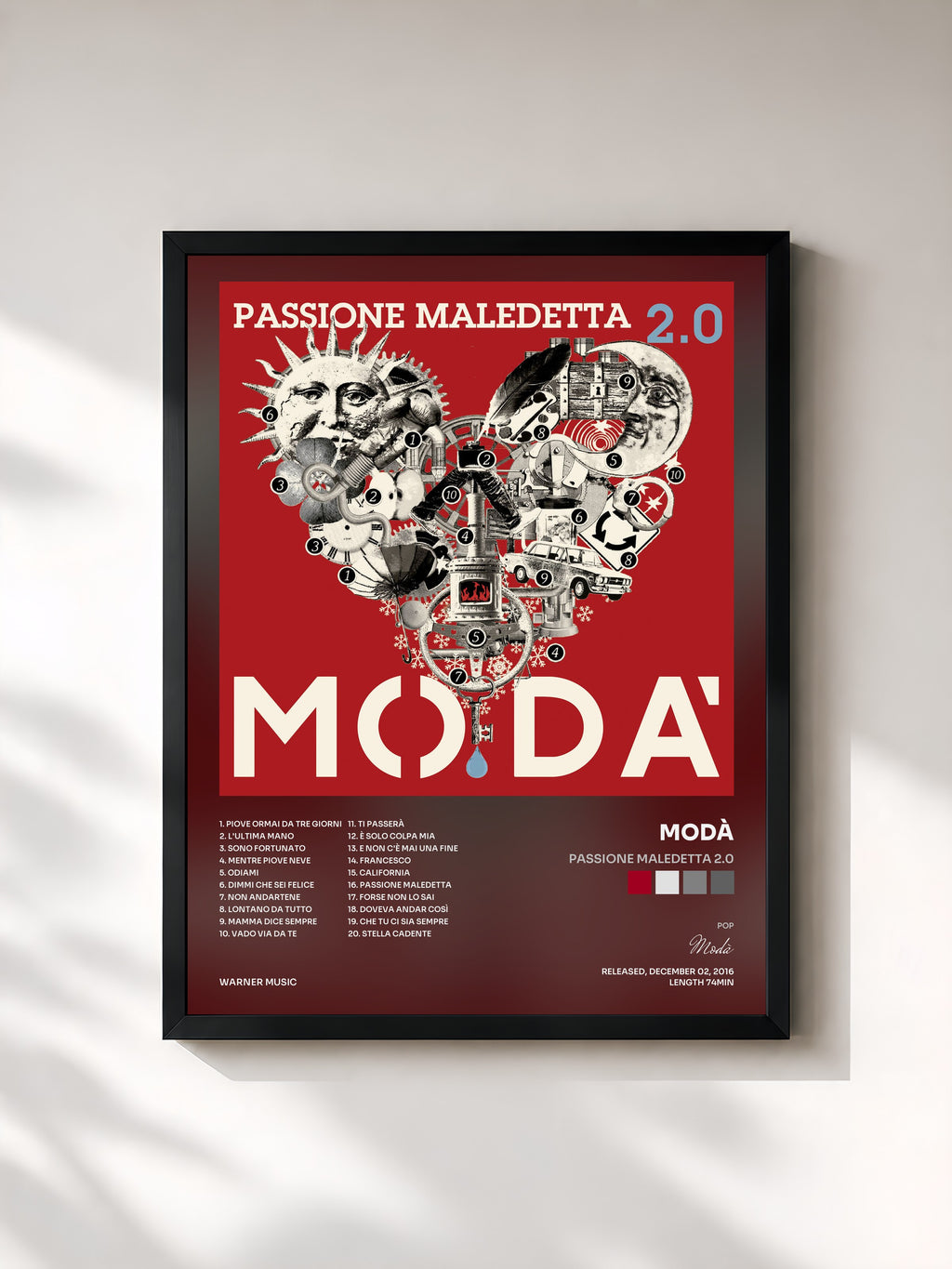 #noir Tableau de l'album Passione maledetta 2.0 de Modà, cadre noir, imprimé et encadré en France