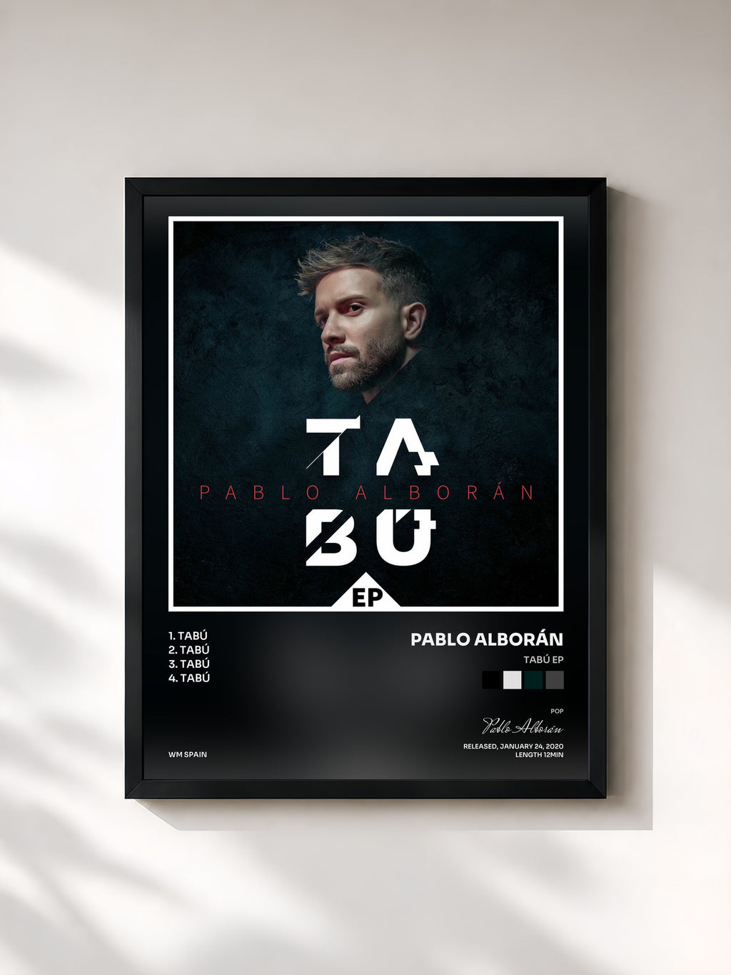 #noir Tableau de l'album Tabú EP de Pablo Alborán, cadre noir, imprimé et encadré en France