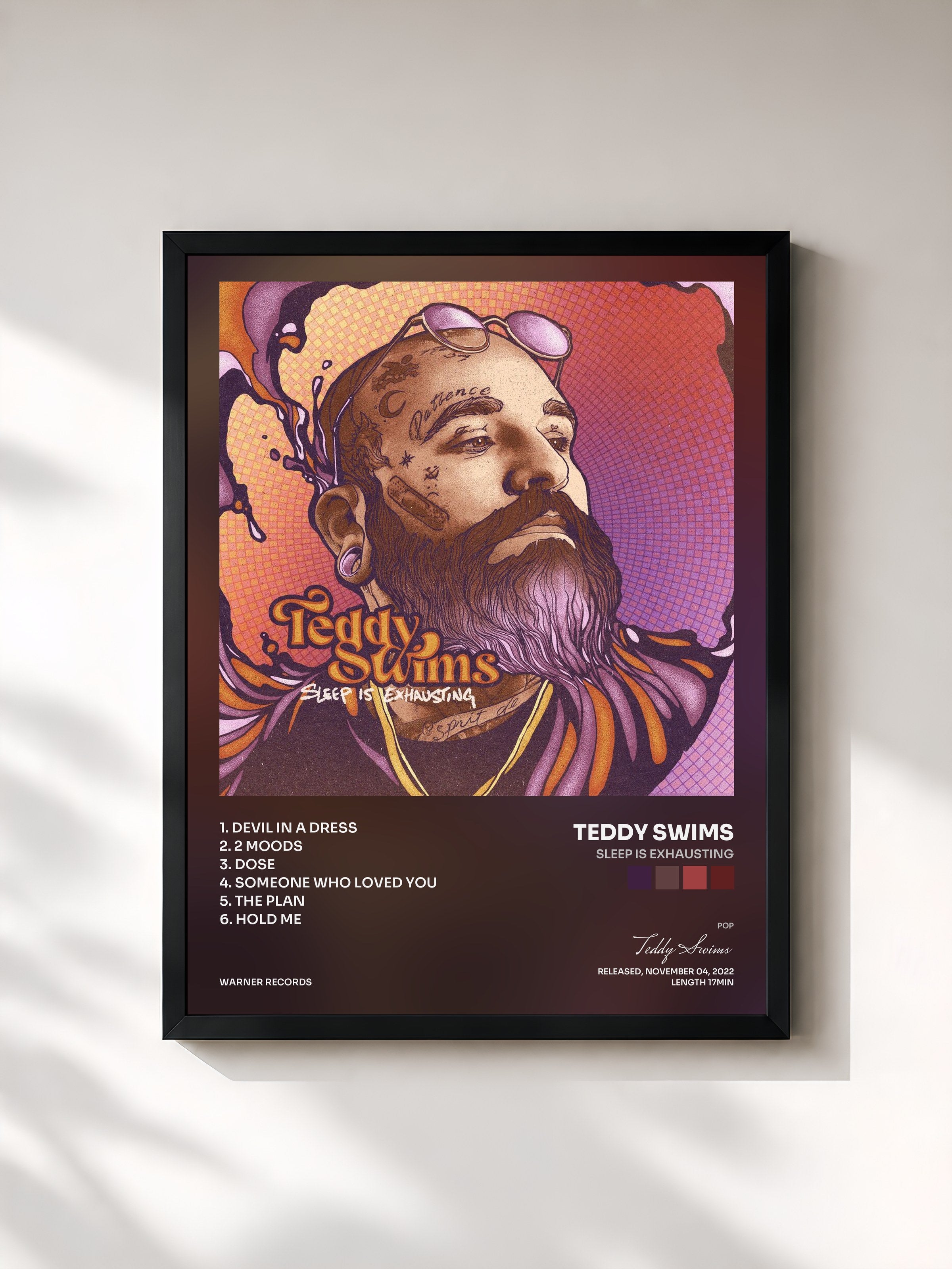#noir Tableau de l'album Sleep is Exhausting de Teddy Swims, cadre noir, imprimé et encadré en France