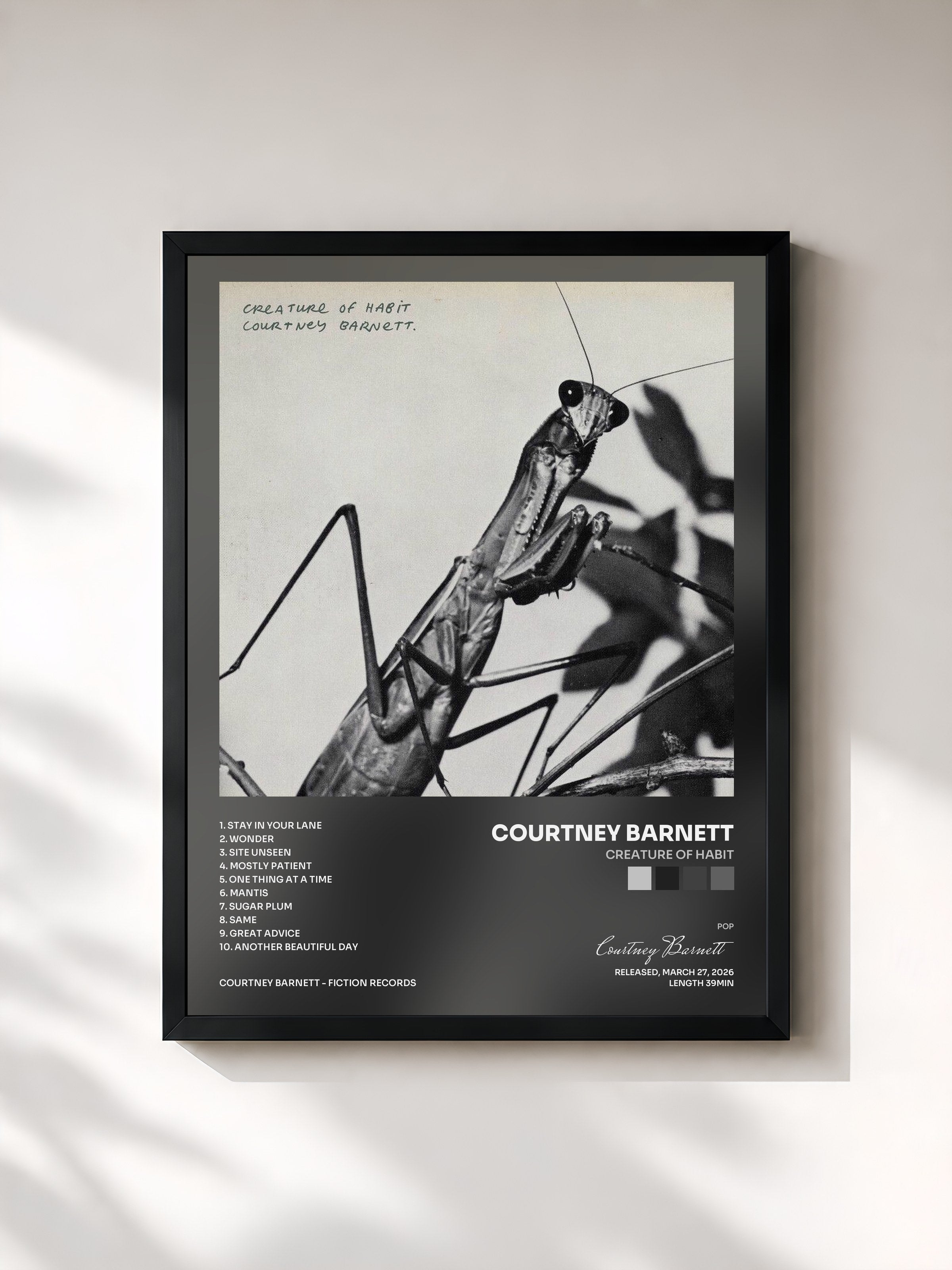 #noir Tableau de l'album Creature of Habit de Courtney Barnett, cadre noir, imprimé et encadré en France
