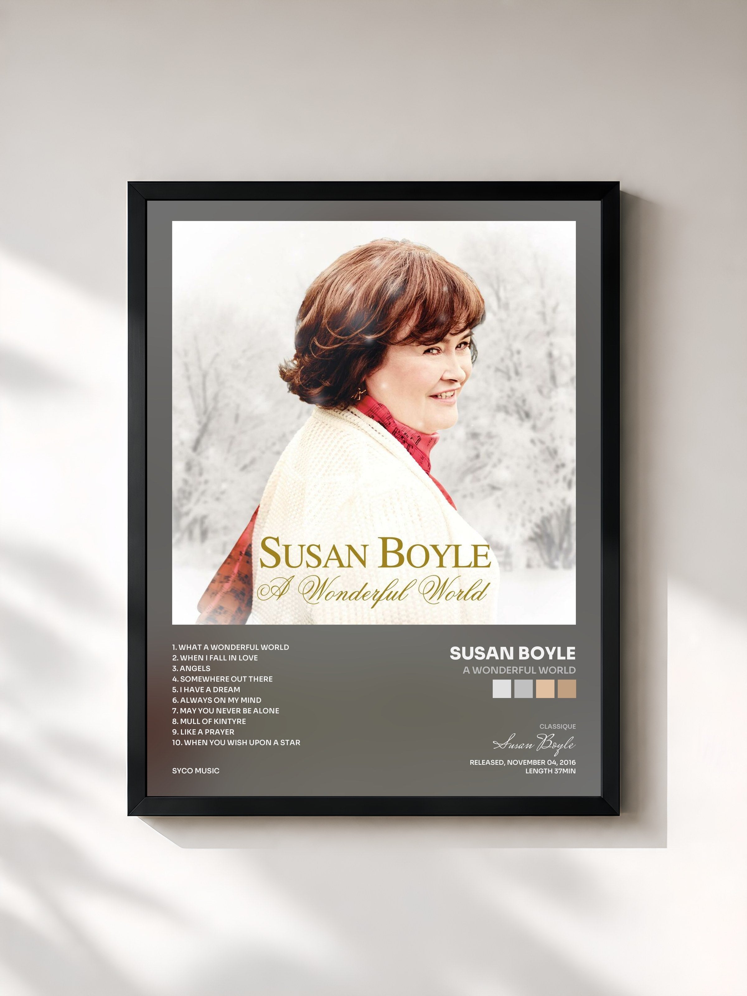 #noir Tableau de l'album A Wonderful World de Susan Boyle, cadre noir, imprimé et encadré en France