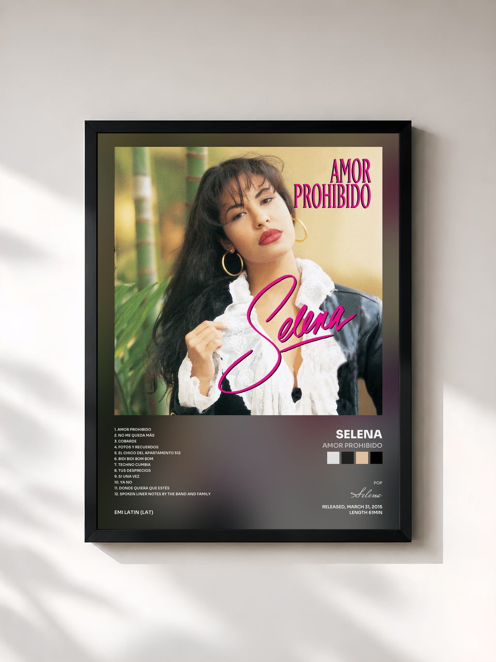 #noir Tableau de l'album Amor Prohibido de Selena, cadre noir, imprimé et encadré en France