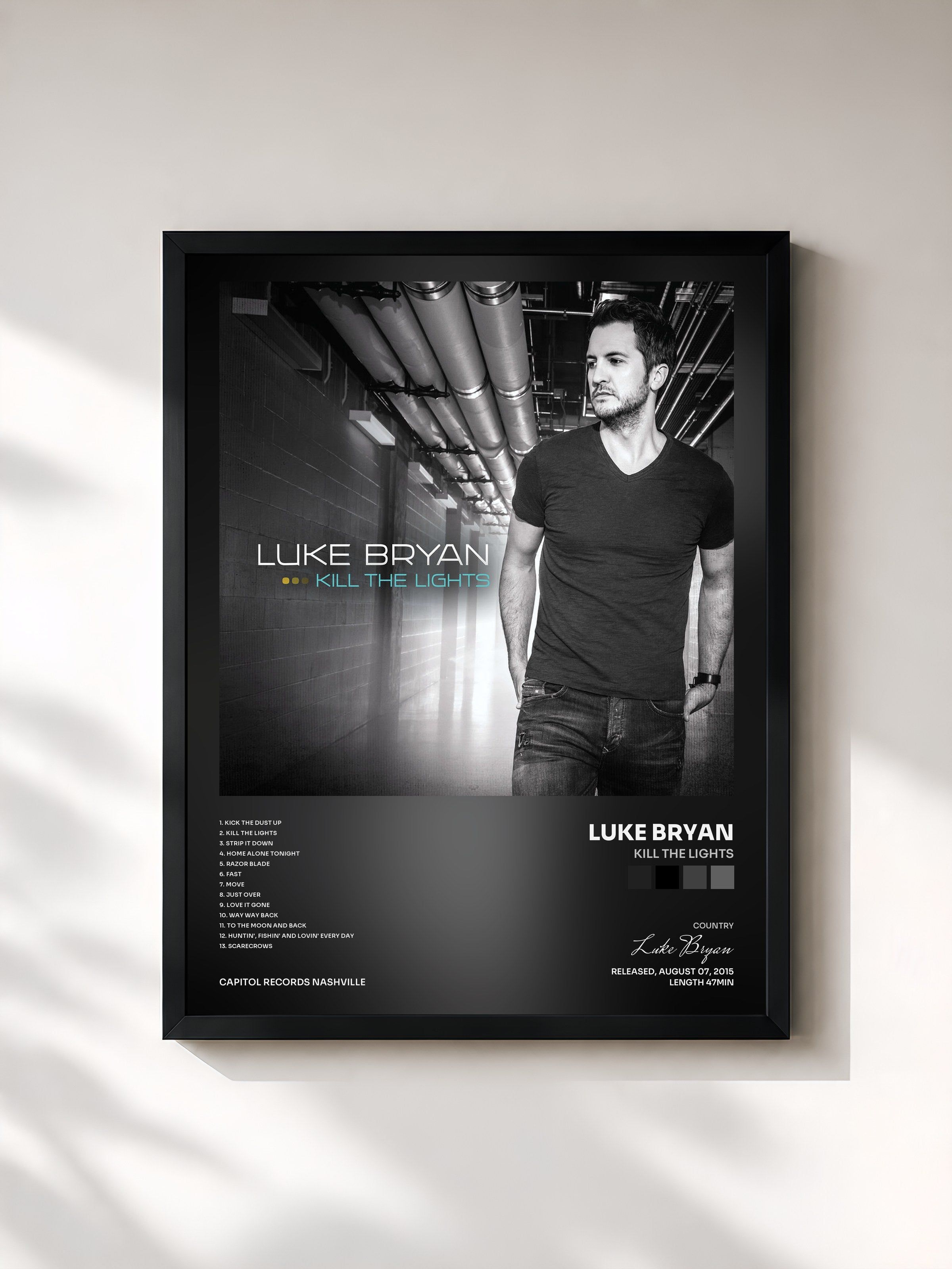 #noir Tableau de l'album Kill The Lights de Luke Bryan, cadre noir, imprimé et encadré en France