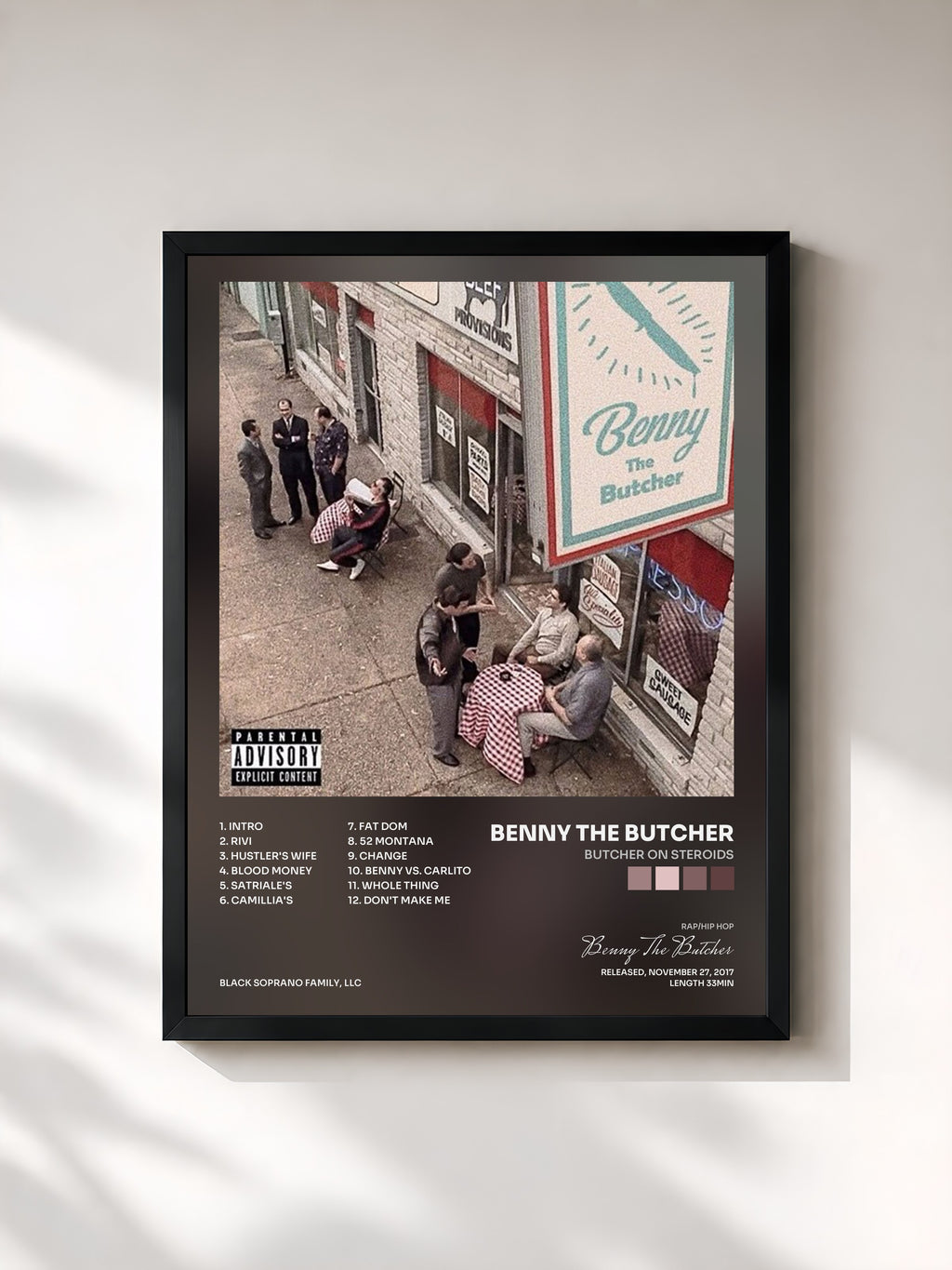 #noir Tableau de l'album Butcher on Steroids de Benny The Butcher, cadre noir, imprimé et encadré en France