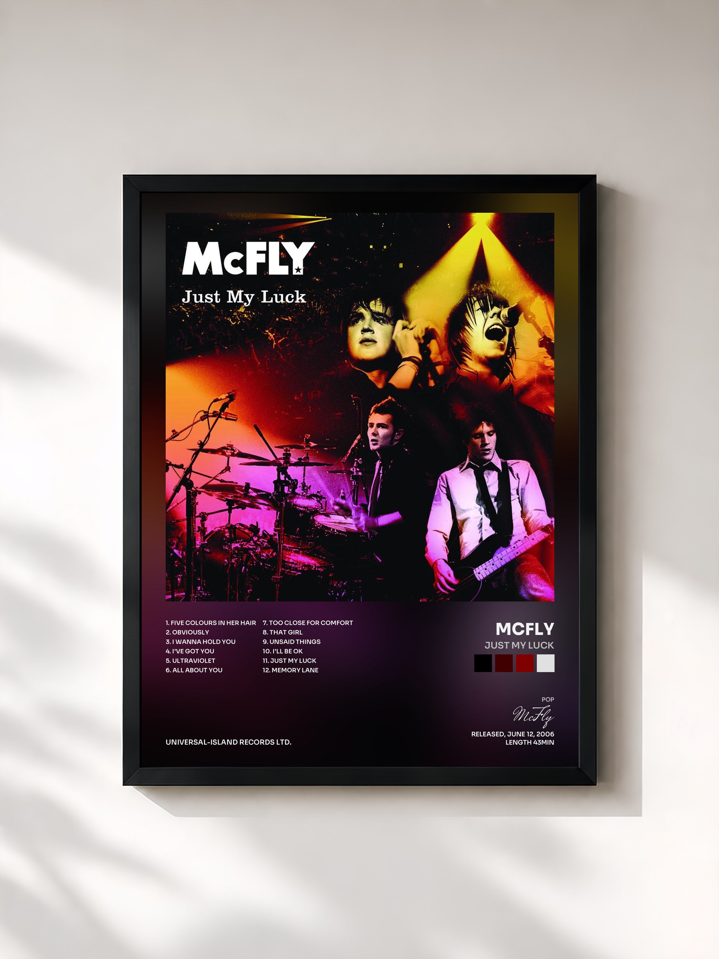 #noir Tableau de l'album Just My Luck de McFly, cadre noir, imprimé et encadré en France