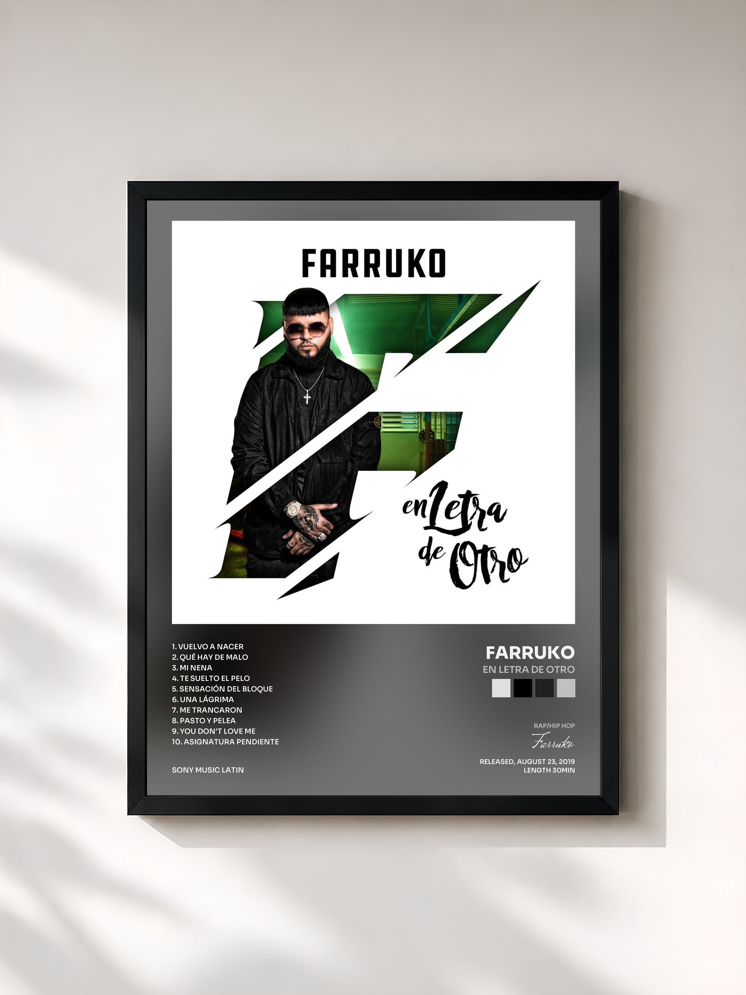 #noir Tableau de l'album En Letra de Otro de Farruko, cadre noir, imprimé et encadré en France