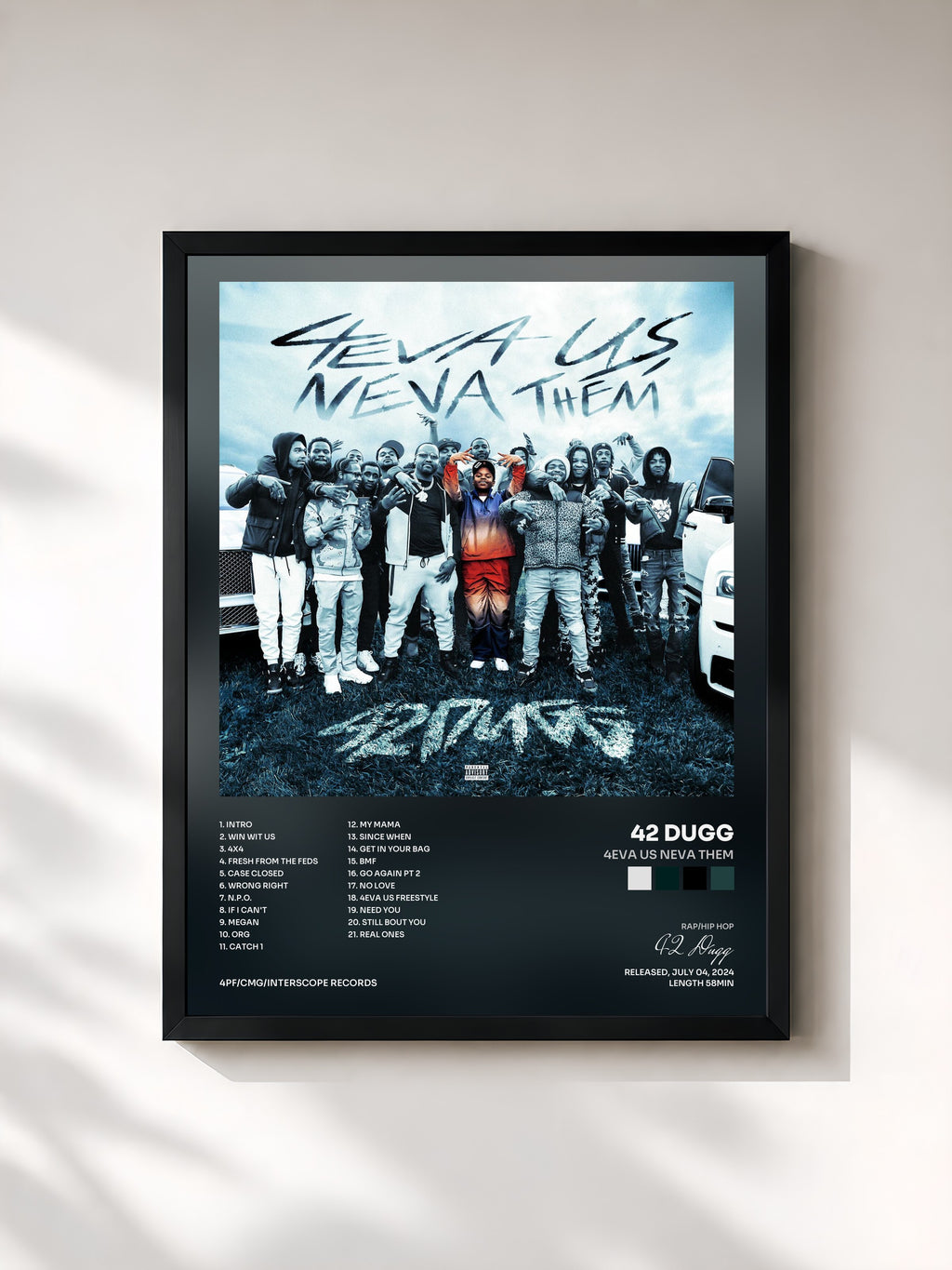 #noir Tableau de l'album 4eva Us Neva Them de 42 Dugg, cadre noir, imprimé et encadré en France