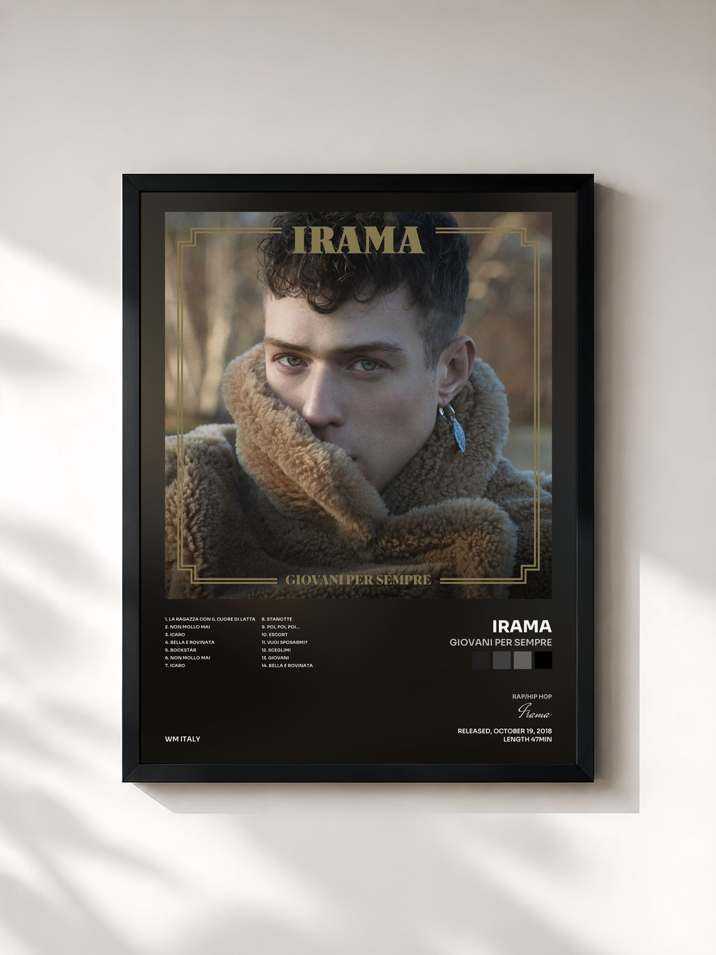 #noir Tableau de l'album Giovani per sempre de Irama, cadre noir, imprimé et encadré en France