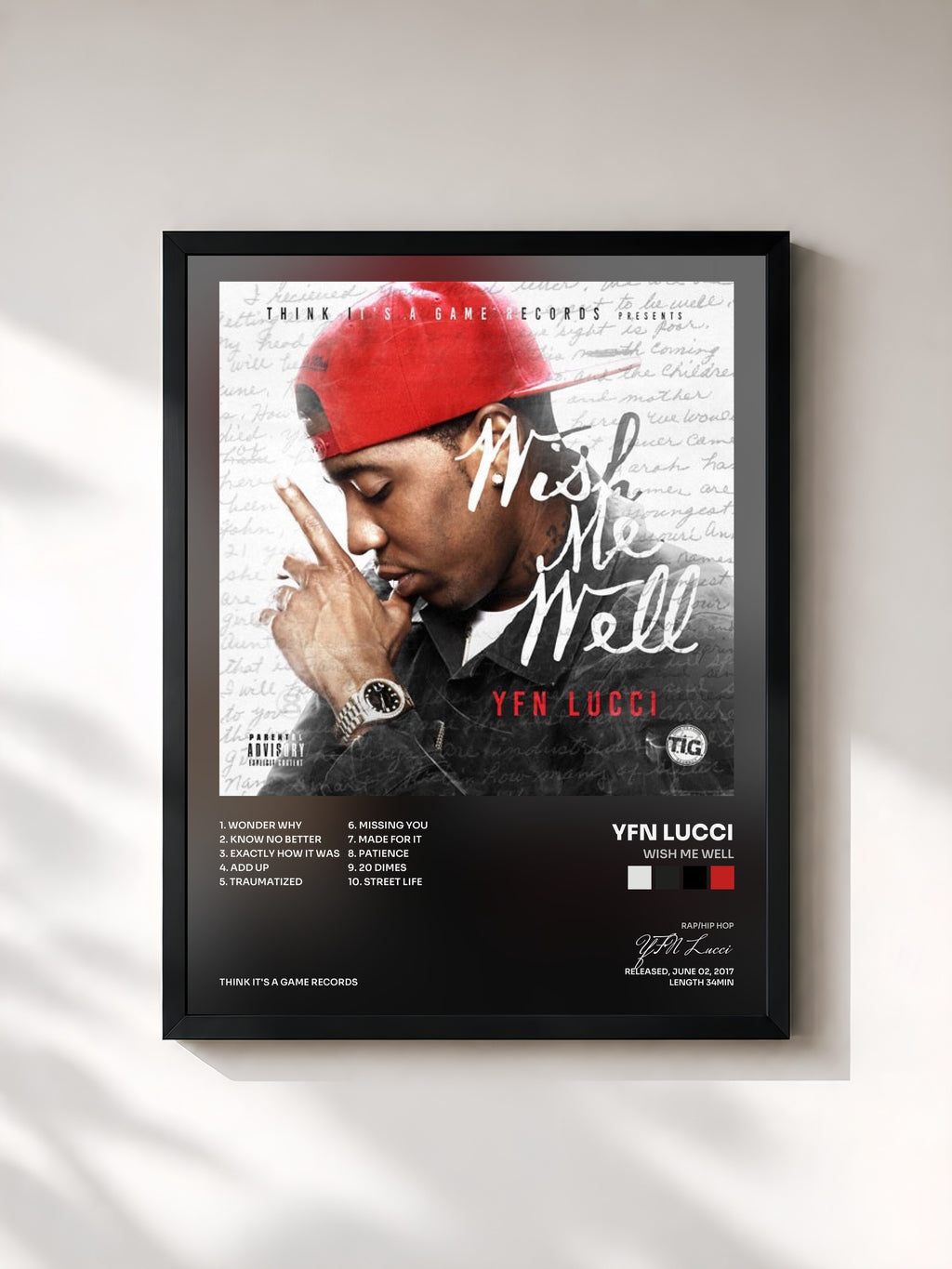 #noir Tableau de l'album Wish Me Well de YFN Lucci, cadre noir, imprimé et encadré en France
