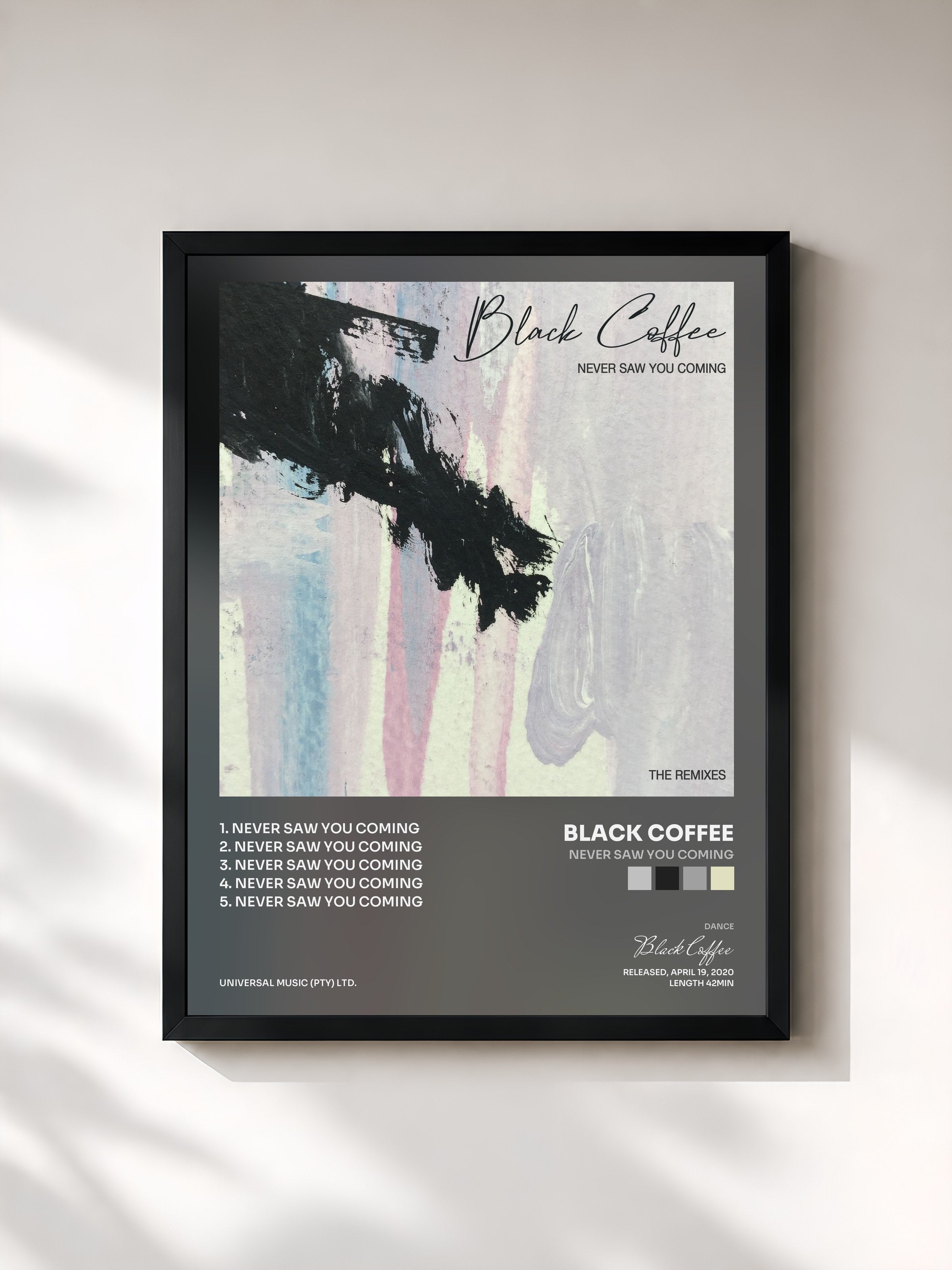 #noir Tableau de l'album Never Saw You Coming de Black Coffee, cadre noir, imprimé et encadré en France