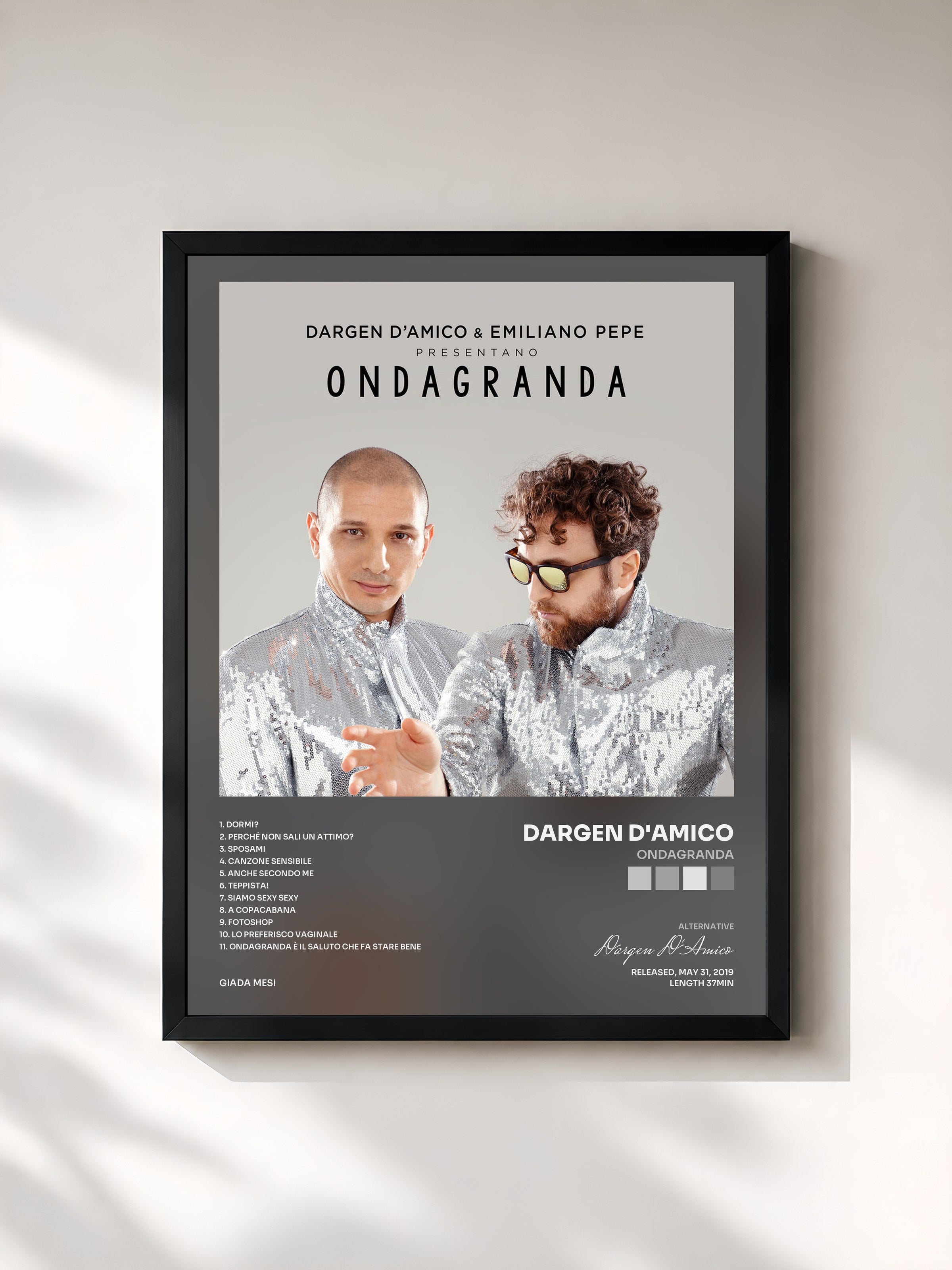 #noir Tableau de l'album ONDAGRANDA de Dargen D'Amico, cadre noir, imprimé et encadré en France