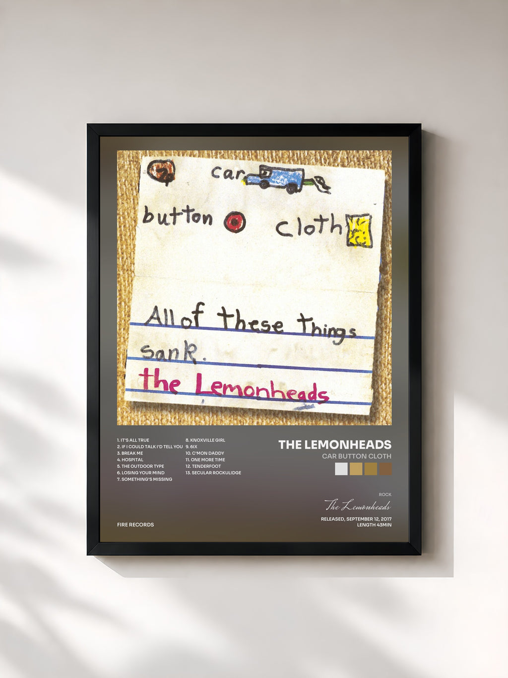 #noir Tableau de l'album Car Button Cloth de The Lemonheads, cadre noir, imprimé et encadré en France