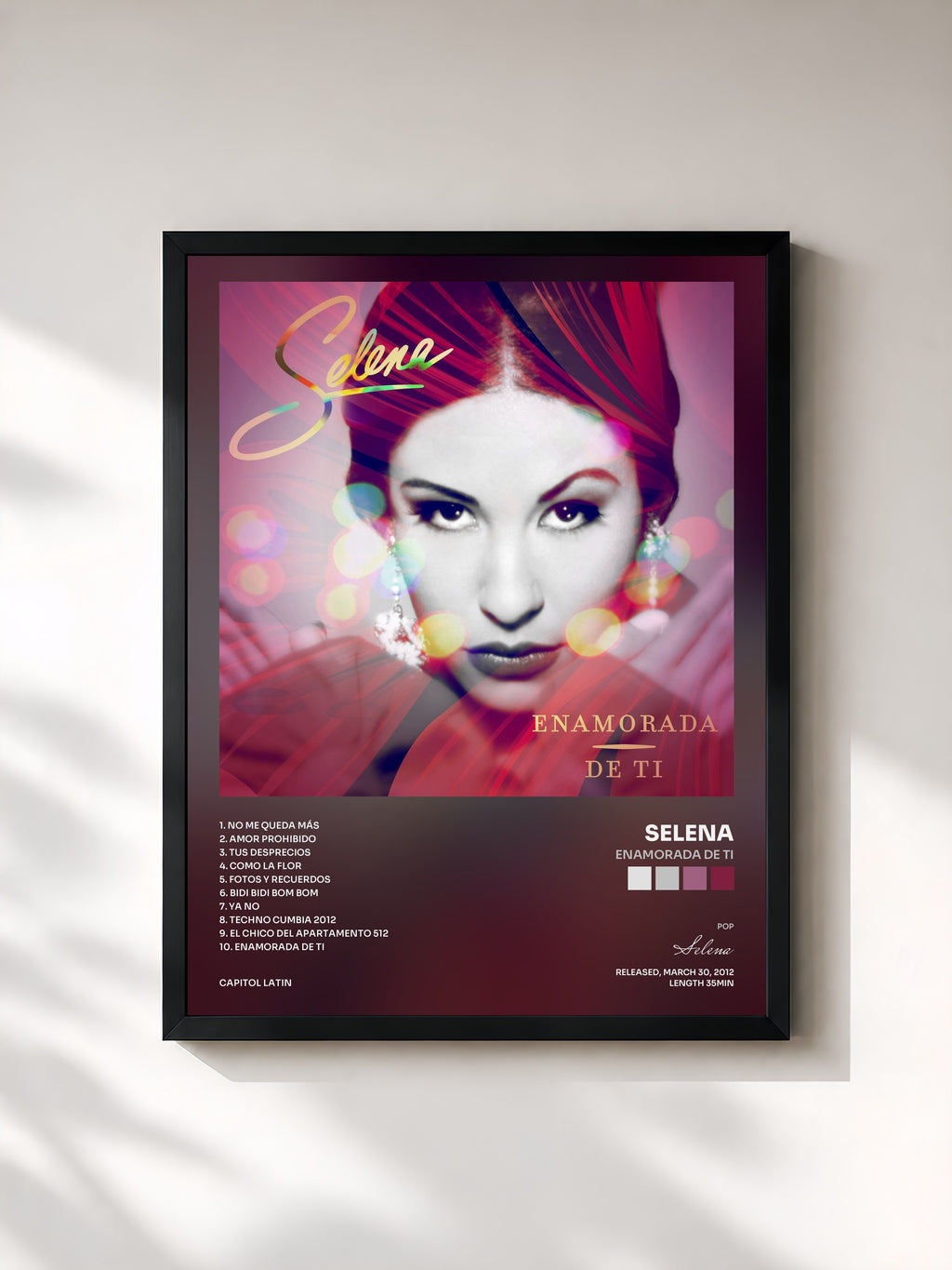 #noir Tableau de l'album Enamorada de Ti de Selena, cadre noir, imprimé et encadré en France
