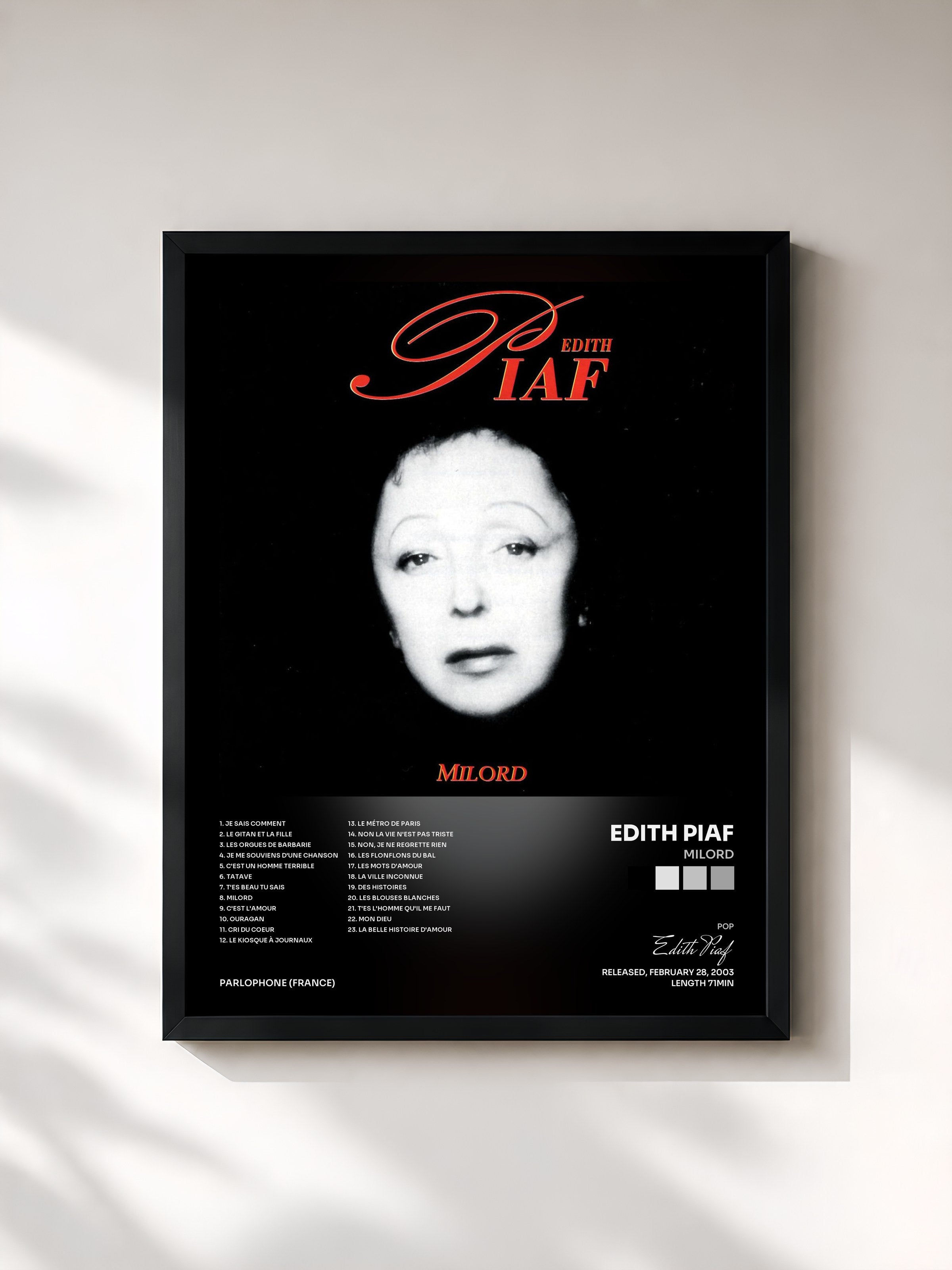 #noir Tableau de l'album milord de Edith Piaf, cadre noir, imprimé et encadré en France