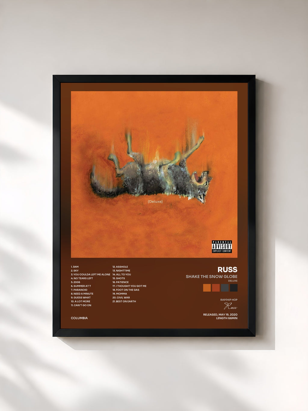 #noir Tableau de l'album SHAKE THE SNOW GLOBE (DELUXE) de Russ, cadre noir, imprimé et encadré en France