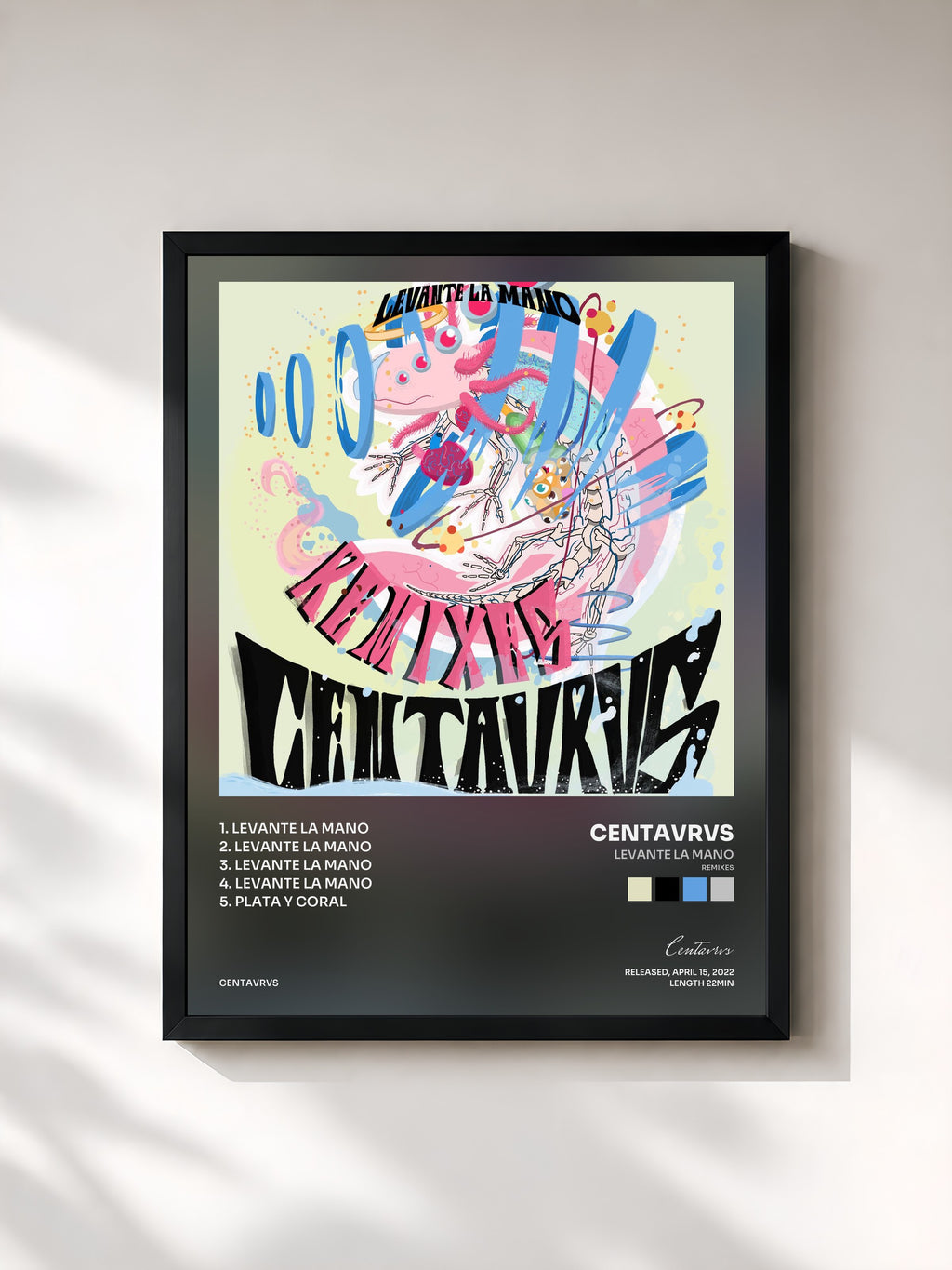#noir Tableau de l'album Levante la Mano (Remixes) de Centavrvs, cadre noir, imprimé et encadré en France