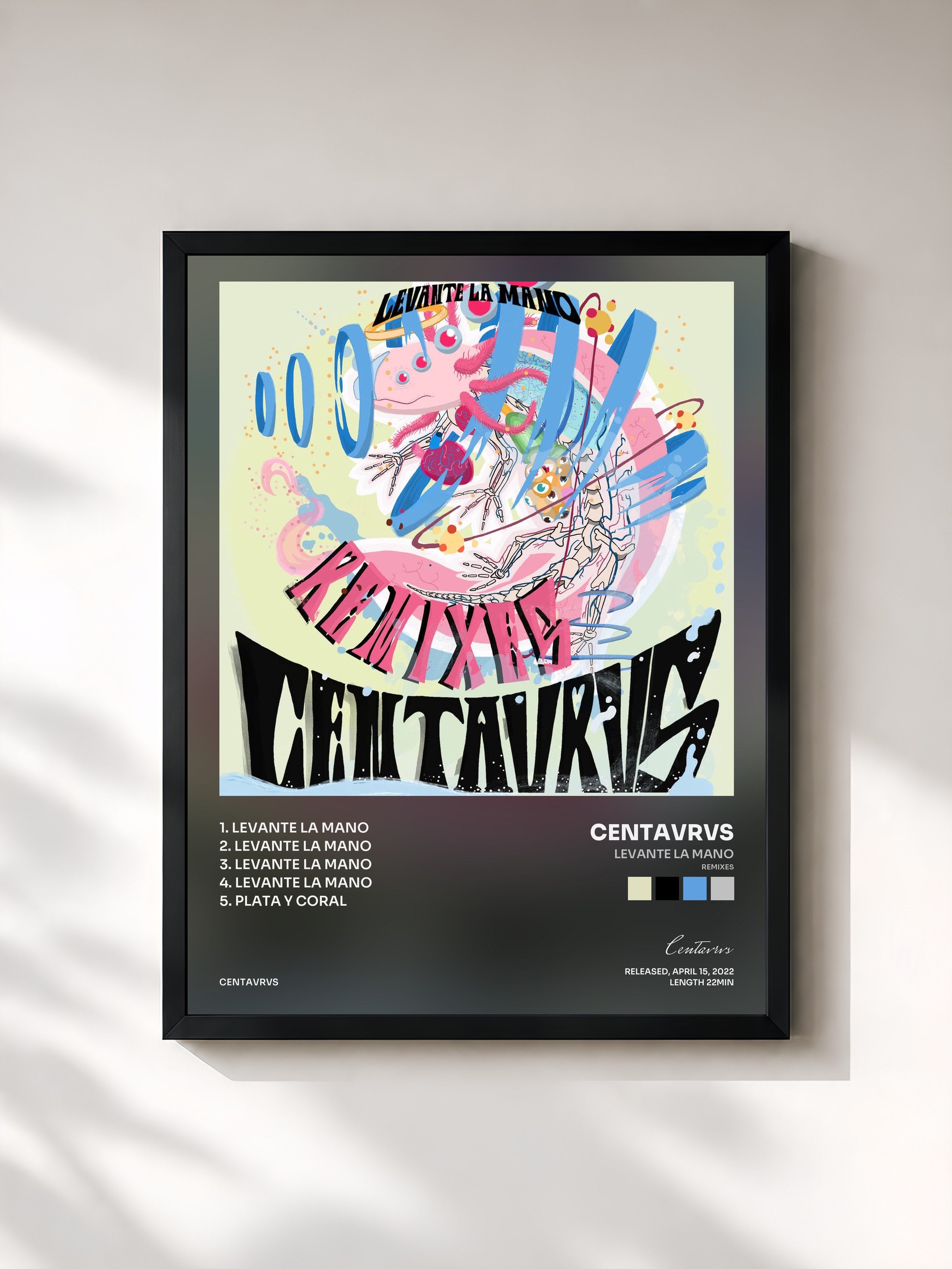 #noir Tableau de l'album Levante la Mano (Remixes) de Centavrvs, cadre noir, imprimé et encadré en France