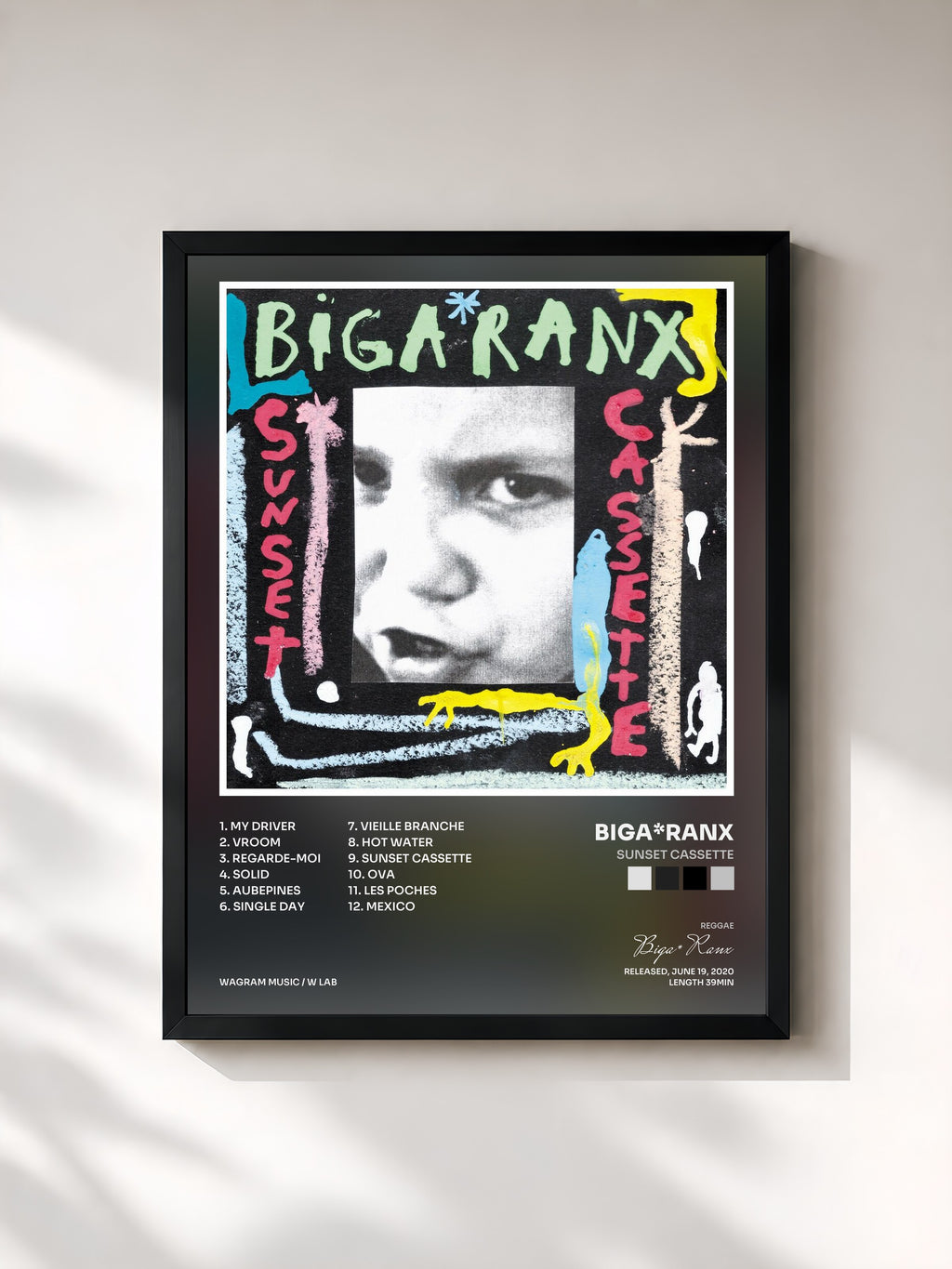 #noir Tableau de l'album Sunset Cassette de Biga*Ranx, cadre noir, imprimé et encadré en France