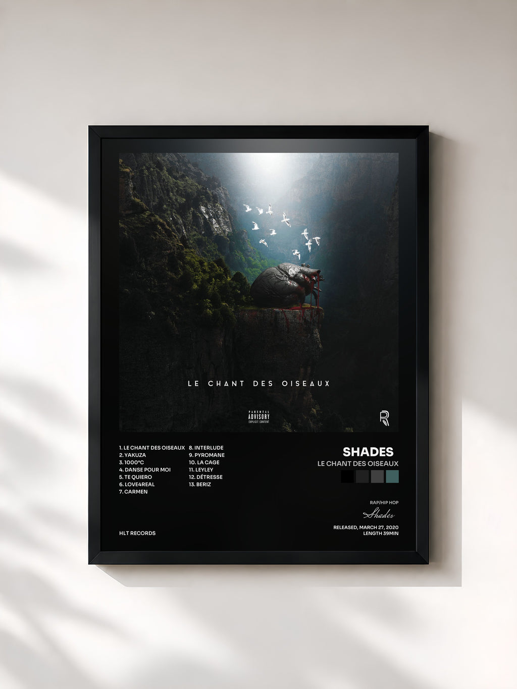 #noir Tableau de l'album Le chant des oiseaux de Shades  , cadre noir, imprimé et encadré en France