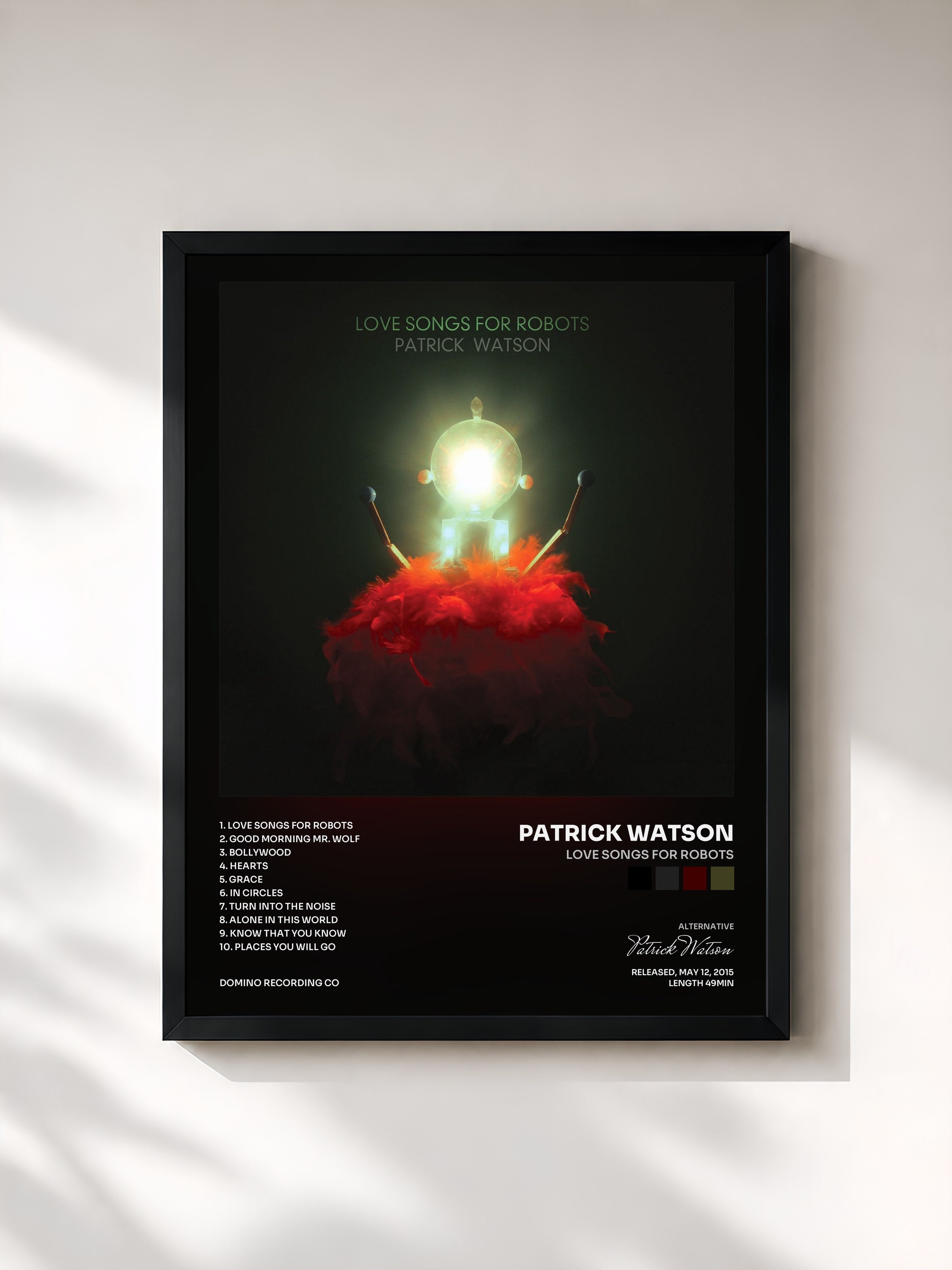 #noir Tableau de l'album Love Songs For Robots de Patrick Watson, cadre noir, imprimé et encadré en France