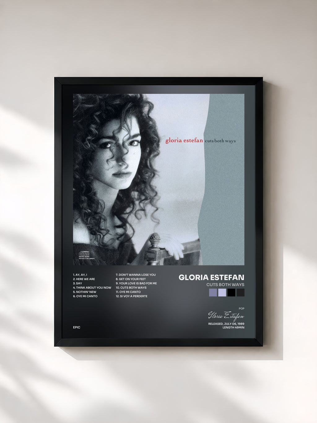 #noir Tableau de l'album Cuts Both Ways de Gloria Estefan, cadre noir, imprimé et encadré en France