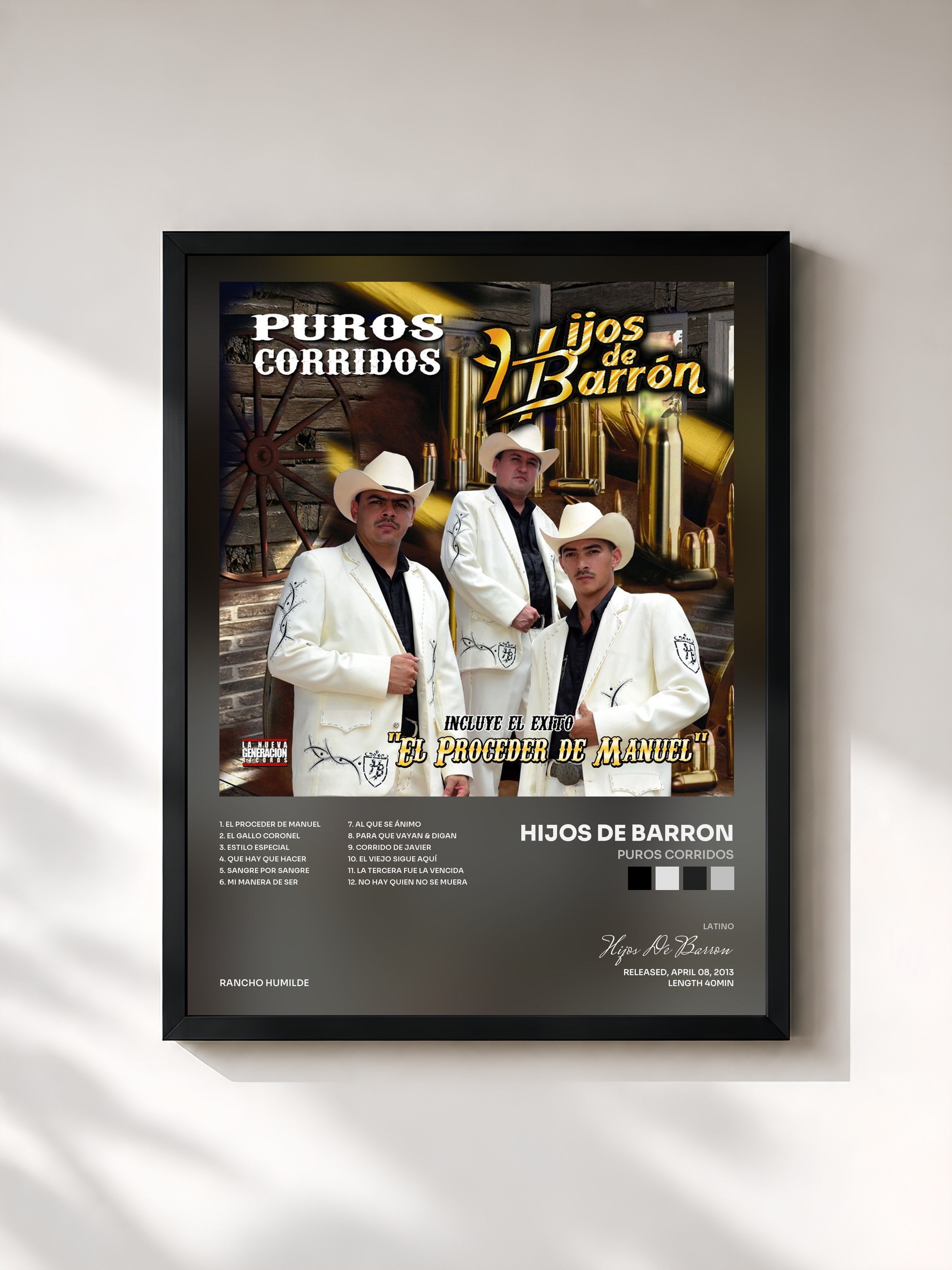 #noir Tableau de l'album Puros Corridos de Hijos De Barron, cadre noir, imprimé et encadré en France