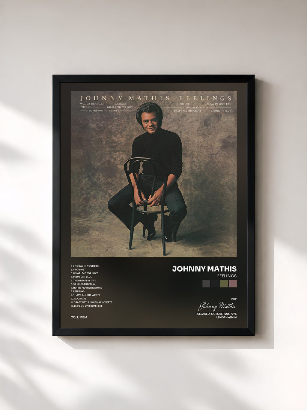 #noir Tableau de l'album Feelings de Johnny Mathis, cadre noir, imprimé et encadré en France