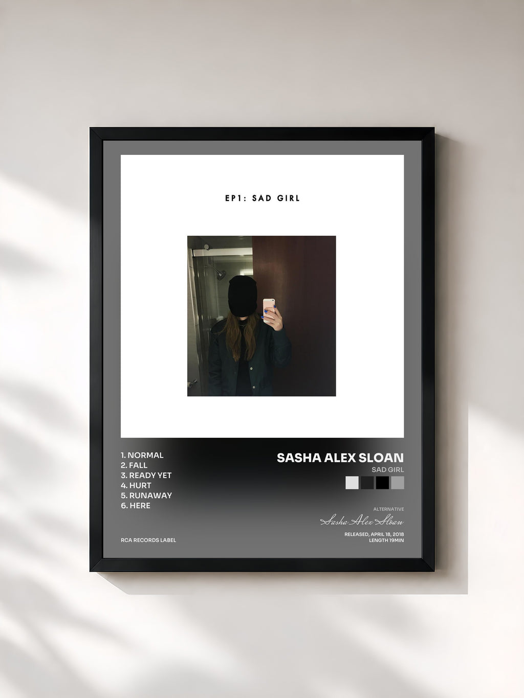 #noir Tableau de l'album sad girl de Sasha Alex Sloan, cadre noir, imprimé et encadré en France