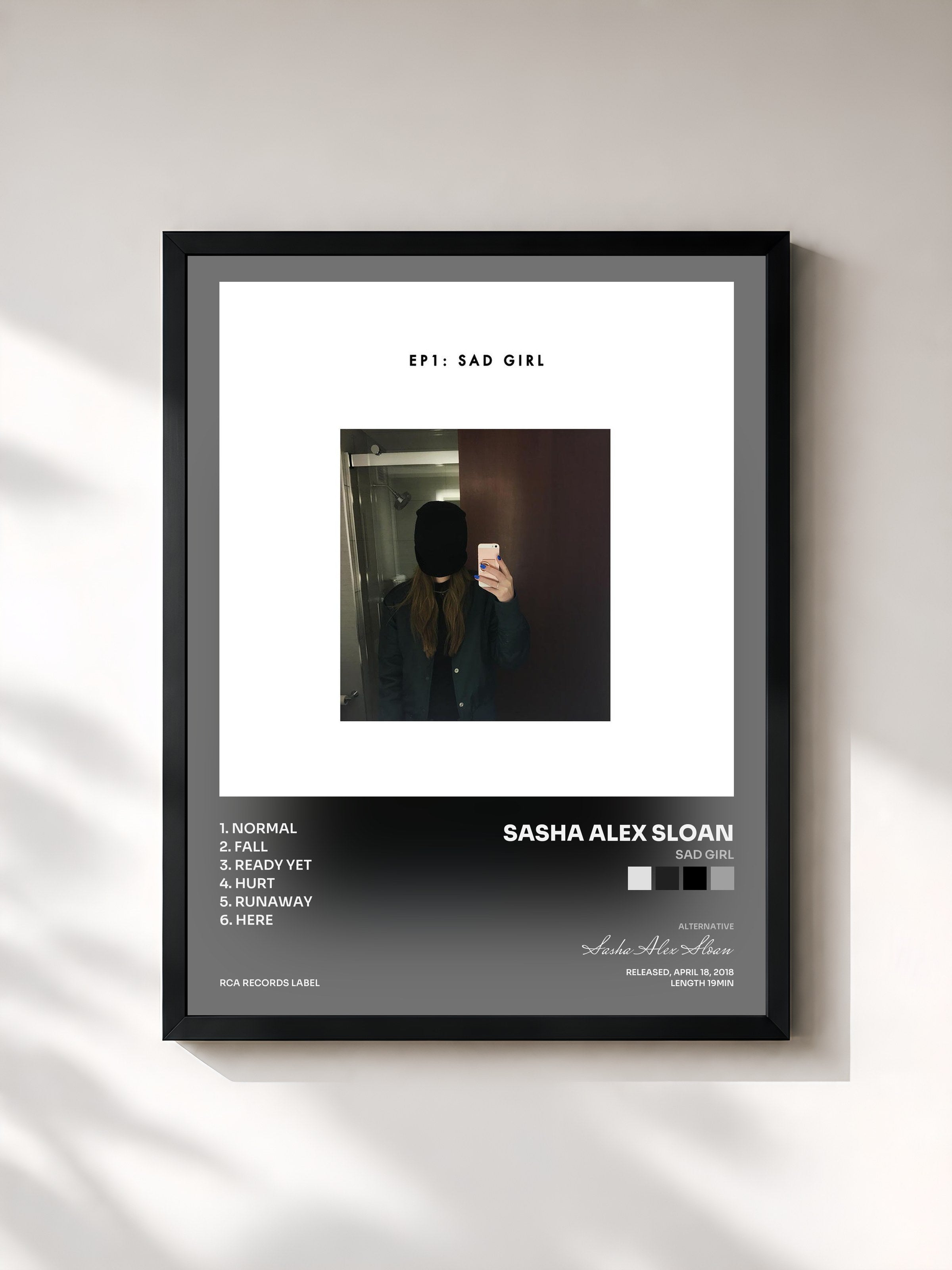 #noir Tableau de l'album sad girl de Sasha Alex Sloan, cadre noir, imprimé et encadré en France